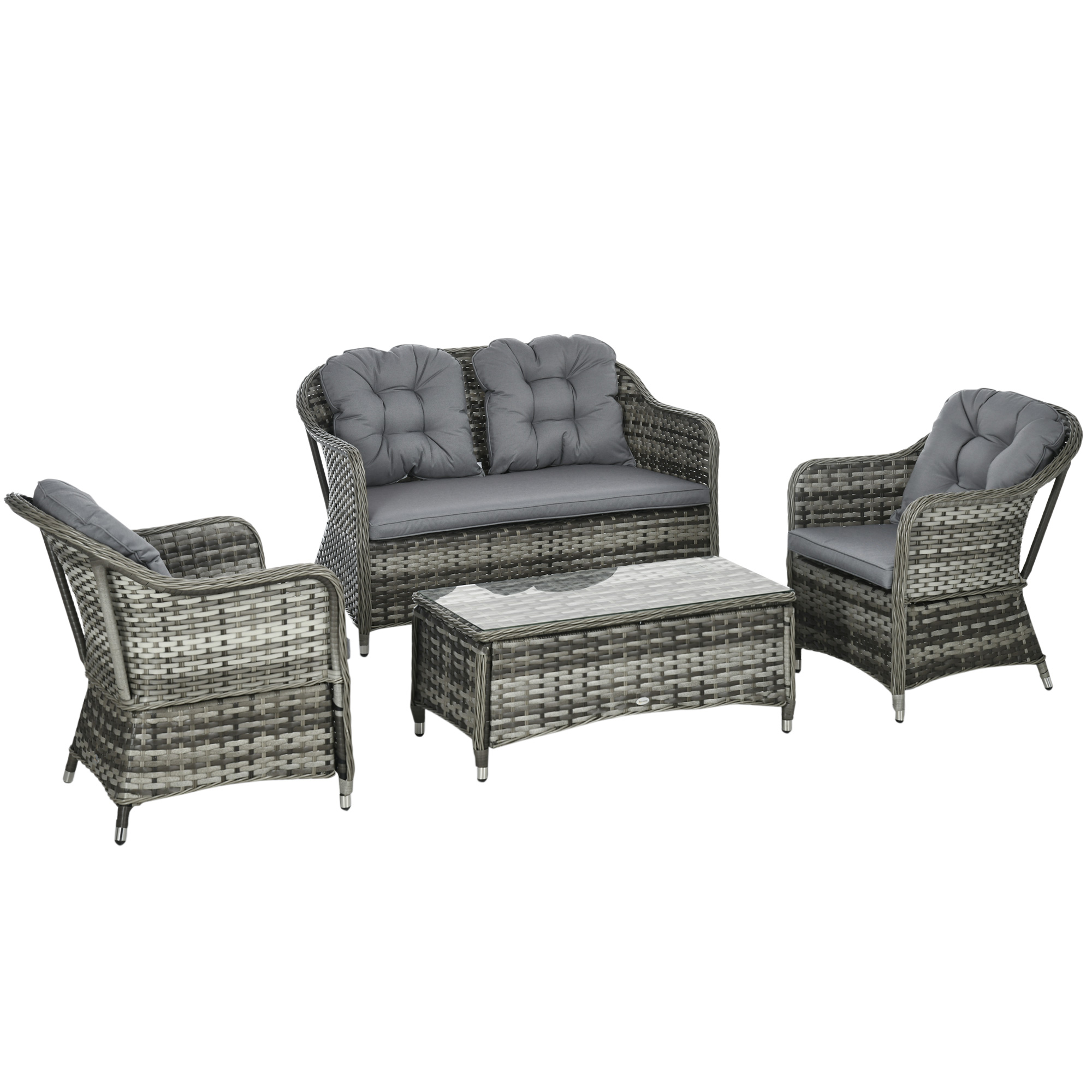 4 Pieces PE Rattan Wicker Sofa Set Outdoor Conservatory Furniture Lawn Patio Coffee Table w/ Cushion - Grey - Life Essentials