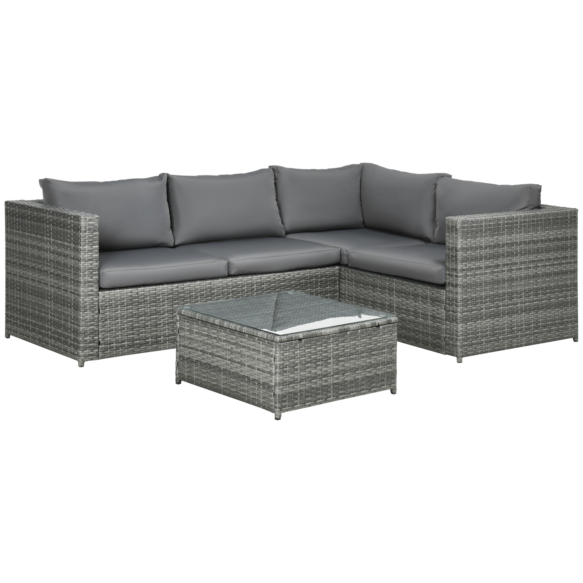 3 Pieces Rattan Garden Furniture 4 Seater Outdoor Patio Corner Sofa Chair Set with Coffee Table Thick Cushions Grey - Life Essentials