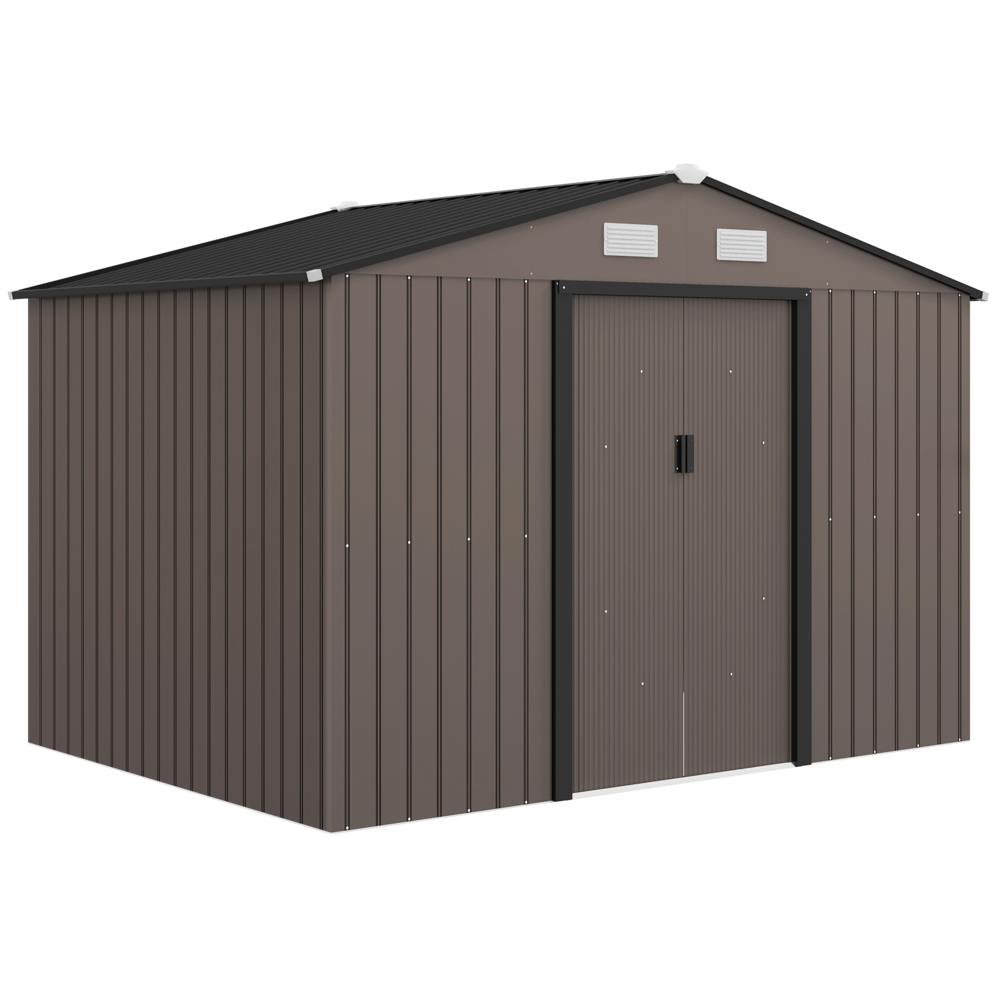 9 x 6FT Garden Metal Storage Shed Outdoor Storage Shed with Foundation Ventilation & Doors, Brown - Life Essentials