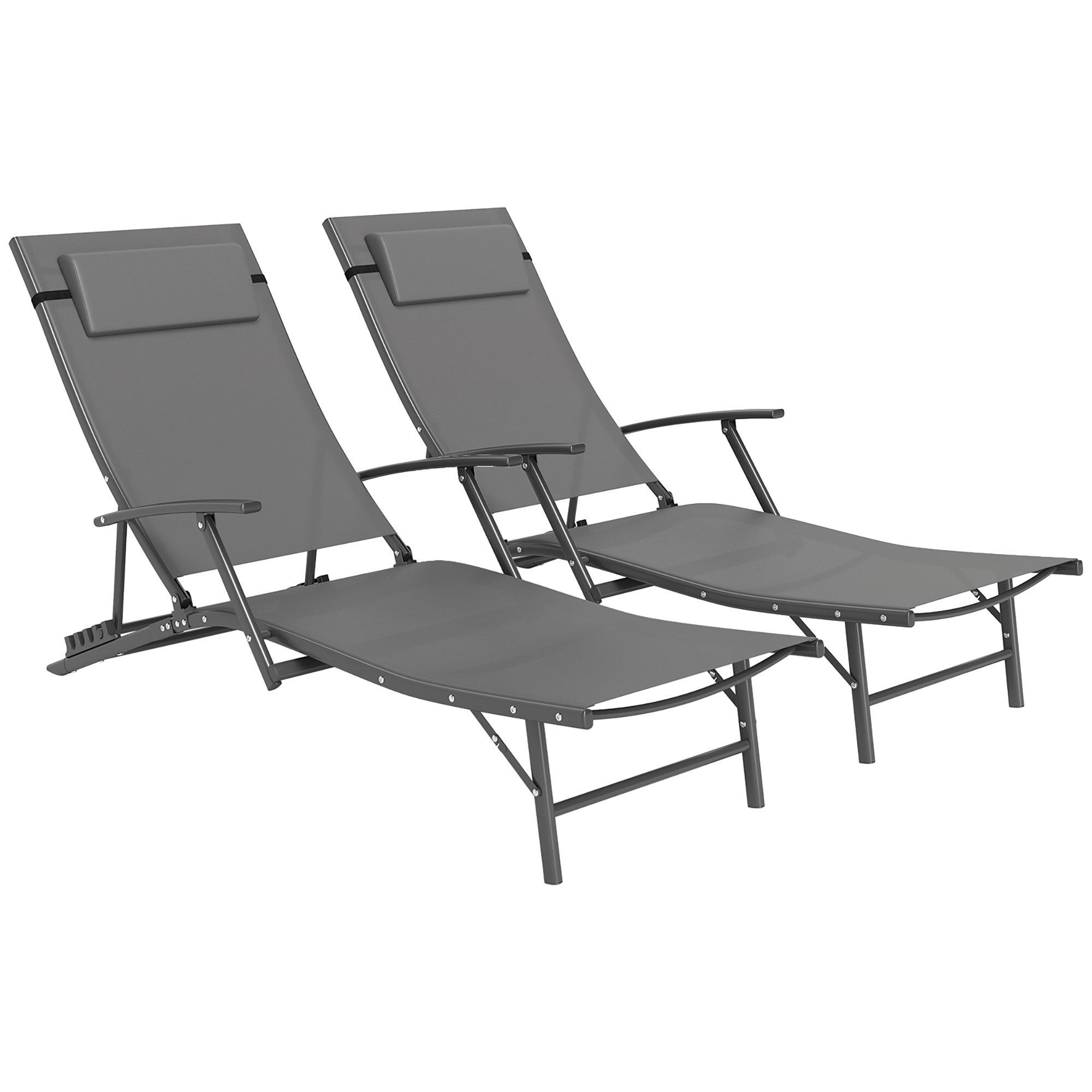 SUNVISTA Set of 2 Folding Sun Loungers for Garden, 4 Positions Adjustable Outdoor Chaise Lounge Chairs with Armrests, Pillows, Steel Frame, Grey - 