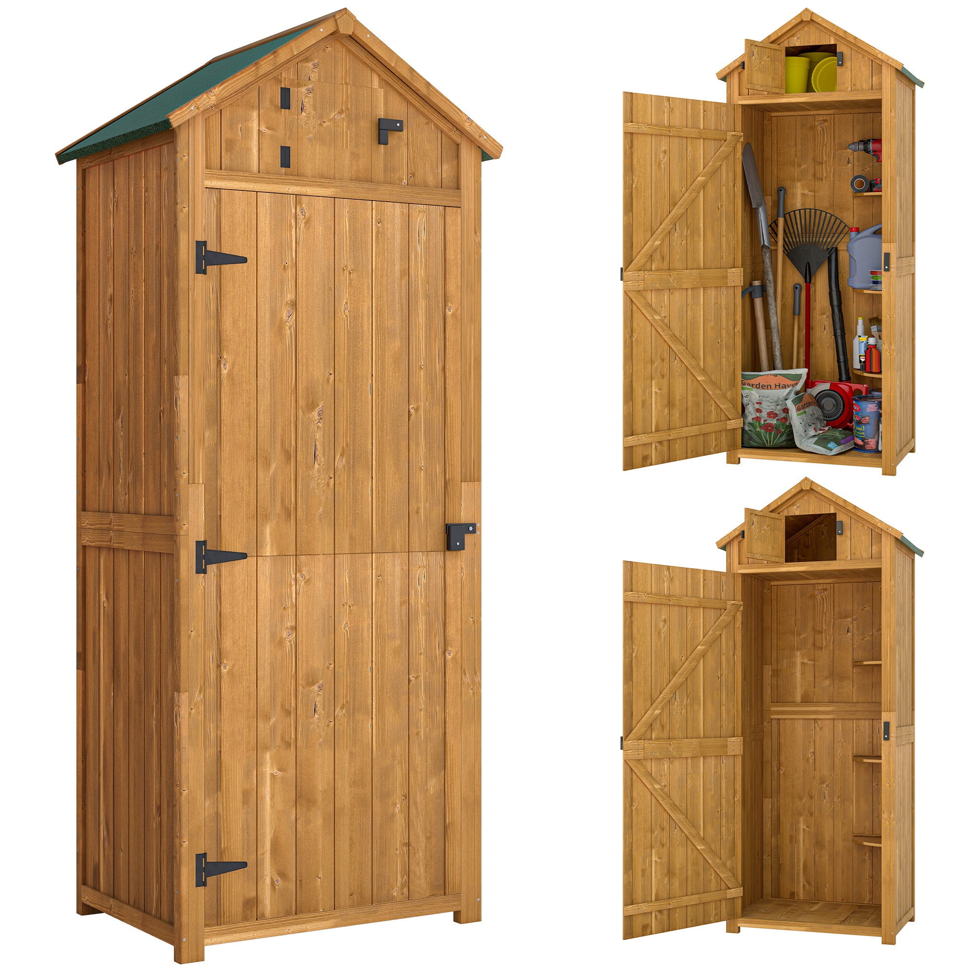Wooden Garden Storage Shed Vertical Tool Cabinet Organiser w/ Shelves, Lockable Door, 77 x 54.2 x 179 cm, Brown - Life Essentials