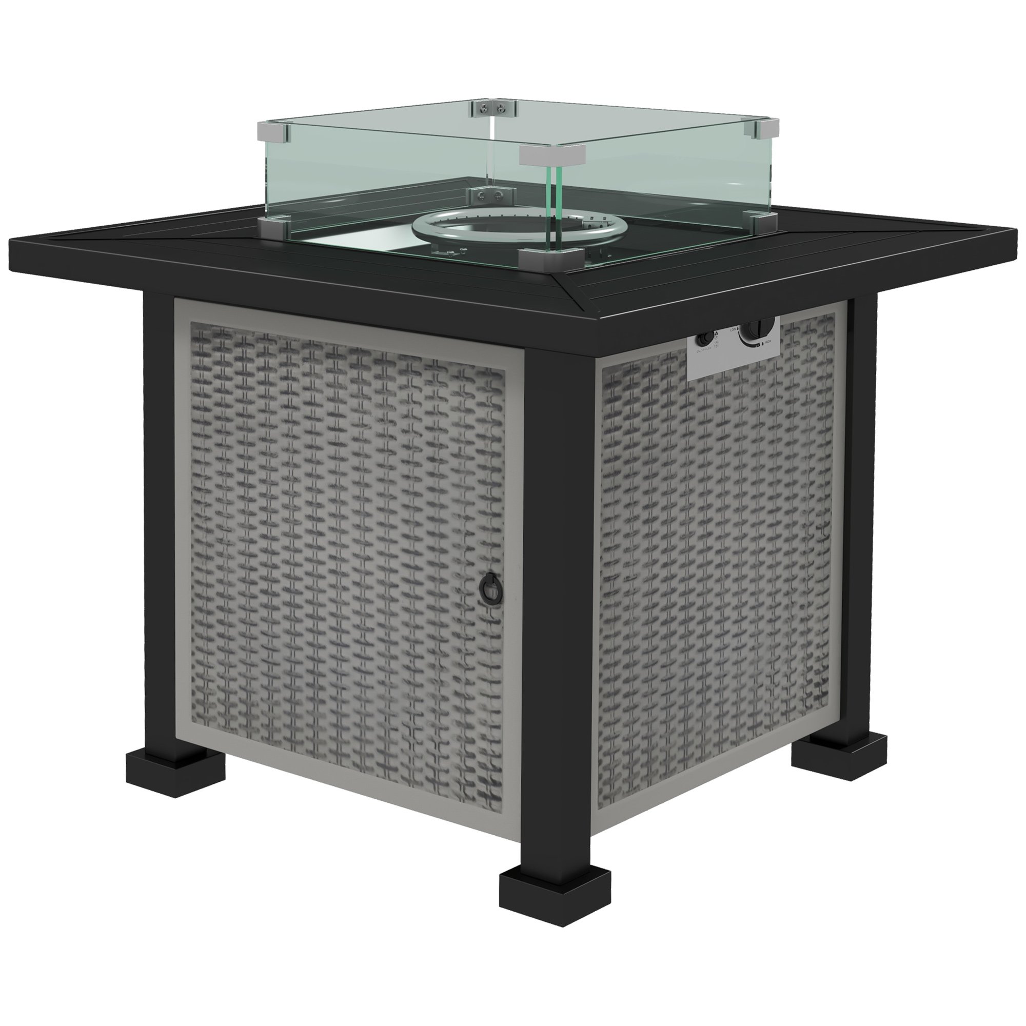 Square Gas Fire Pit Table, Rattan Smokeless Fire Pit with Glass Screen and Beads, Lid, 50000 BTU, 81x81x64cm, Grey - Life Essentials