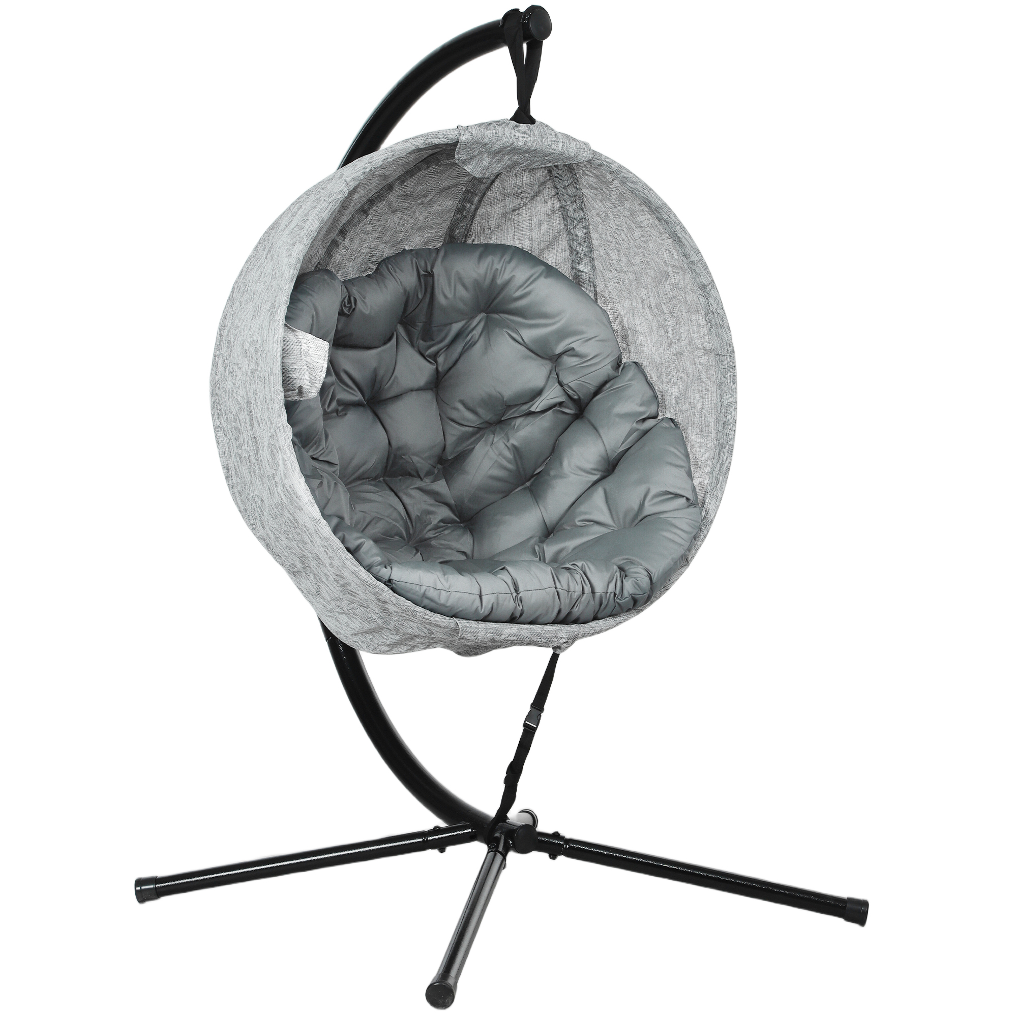 SUNVISTA Hanging Egg Chair Outdoor Indoor Garden Swing Chair with Folding Basket, Thickened Cushion, Grey and Black - I - Life Essentials