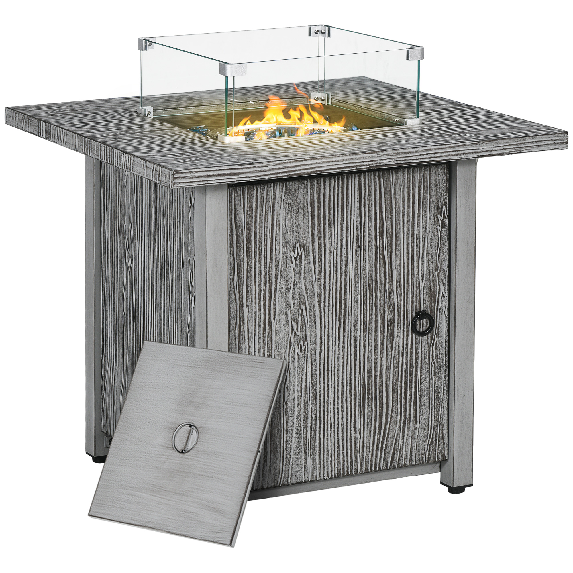 40,000 BTU Gas Fire Pit Table with Cover, Glass Screen and Glass Beads, Grey - Life Essentials