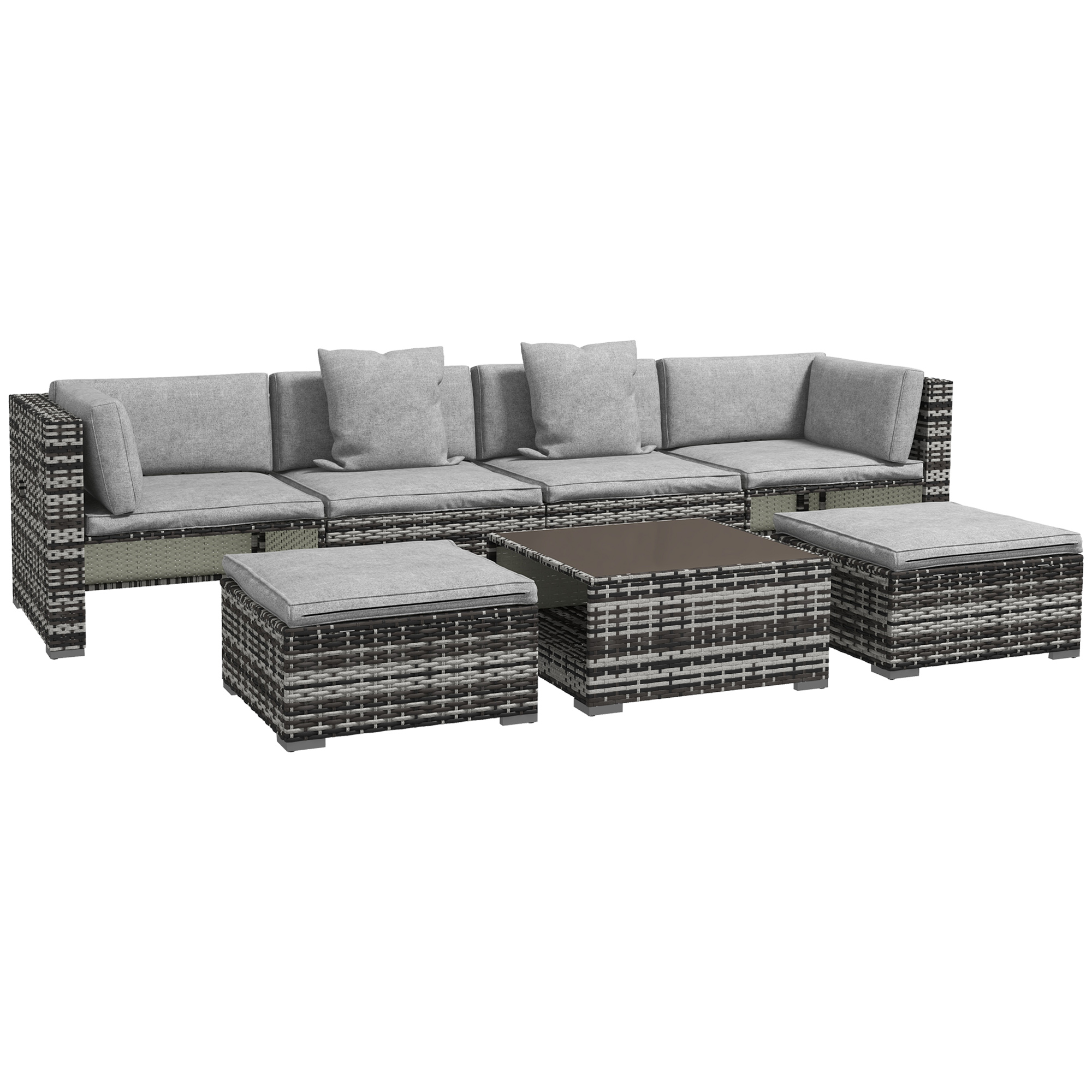 7-Piece Rattan Patio Furniture Set with Sofa, Footstools, Coffee Table, Side Shelves, Cushions, Pillows, Mixed Grey - Life Essentials