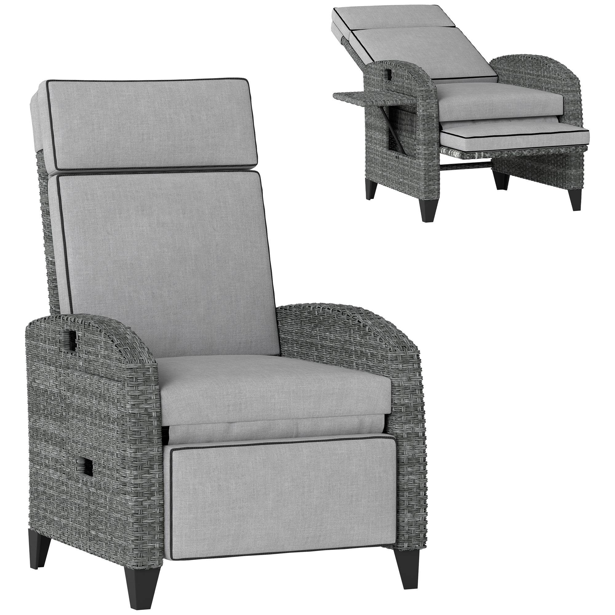 SUNVISTA Outdoor Recliner Chair with Adjustable Backrest and Footrest, Cushion, Side Tray, Light Grey - Life Essentials