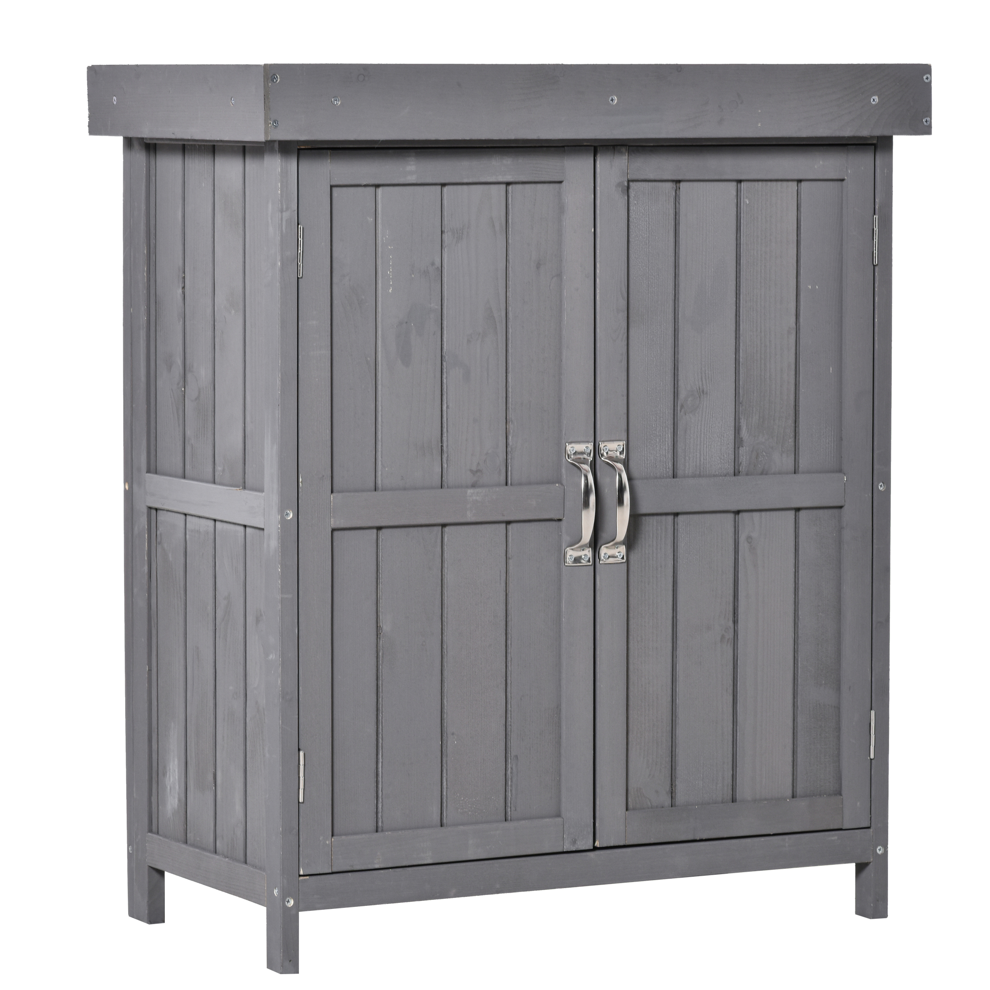 Wooden Garden Storage Shed Tool Cabinet Organiser with Shelves and Two Doors - Grey - Life Essentials