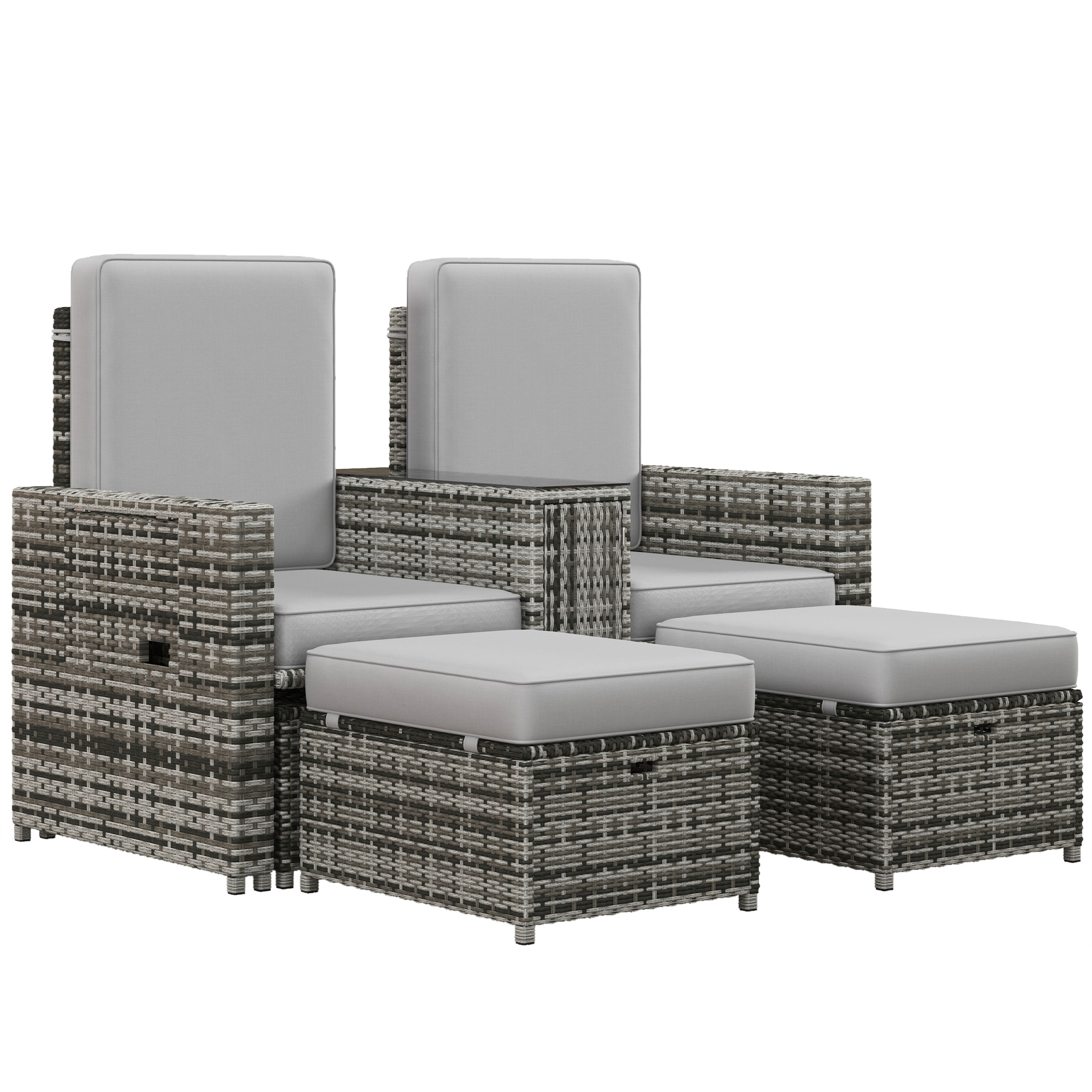 Rattan Sun Lounger w/ Storage Tea Table & Footstools, Grey - Life Essentials