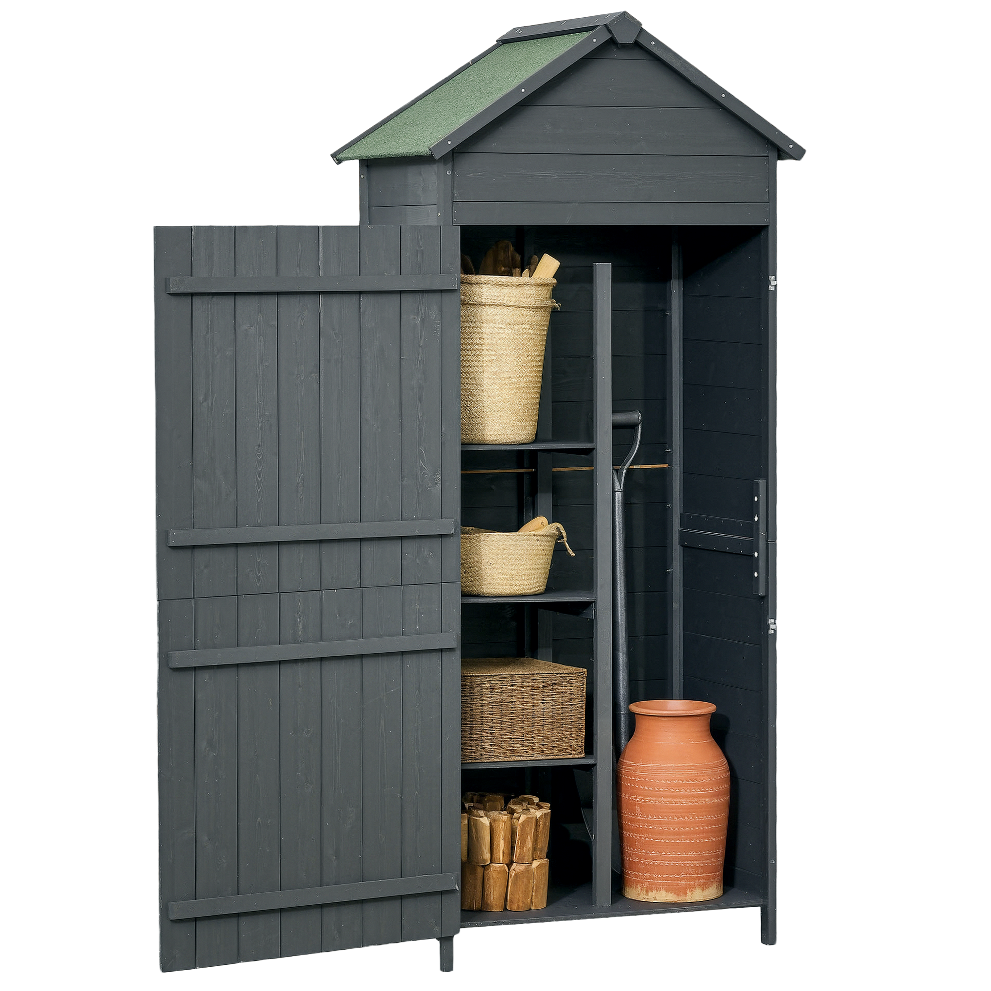 Garden Shed 4-Tier Wooden Garden Outdoor Shed 3 Shelves Utility Gardener Cabinet Lockable 2 Doors - Grey - Life Essentials