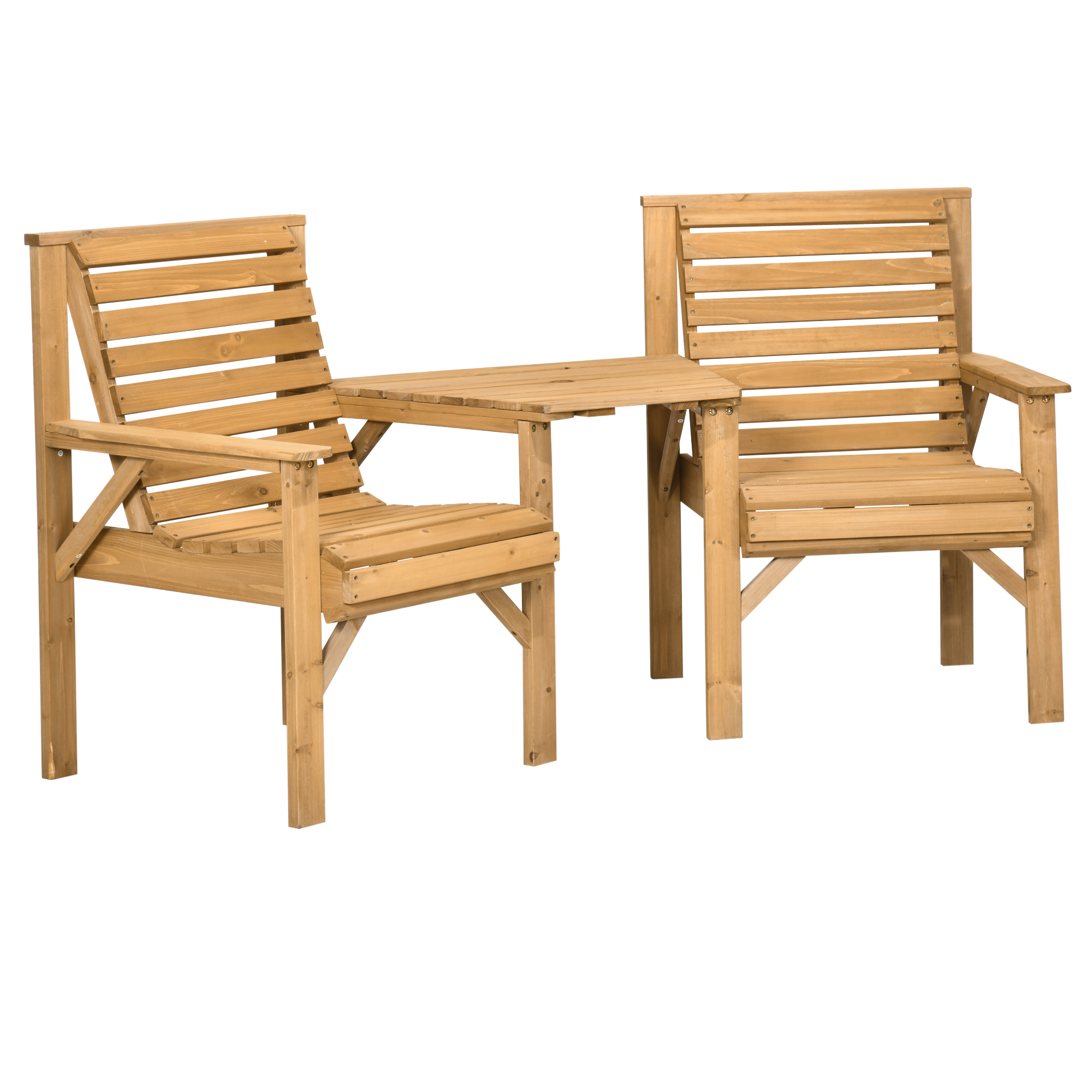 Wooden Garden Love Seat, 2 Seater Jack & Jill Companion Seat with Coffee Table and Parasol Hole, Partner Bench, Partner Bench, Brown - Life Essentials