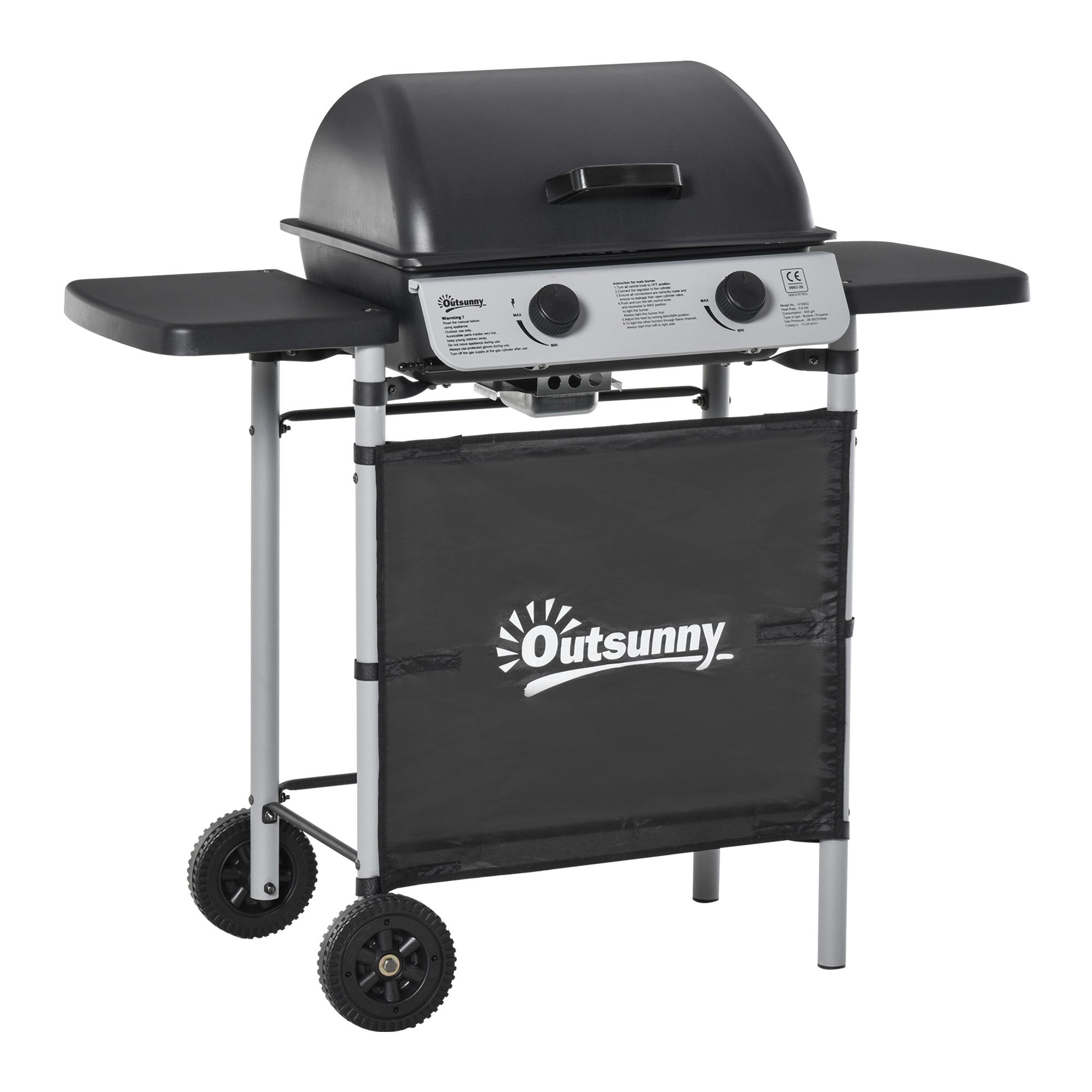 SUNVISTA 2 Burner Gas BBQ Trolley with Lid, 5.6 kW Gas Barbecue Grill with Wheels, Side Shelves, Grey - Life Essentials
