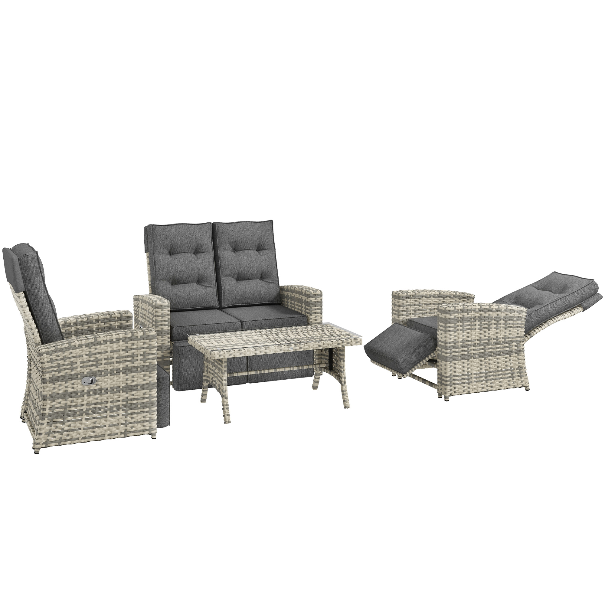 4 Piece Rattan Garden Furniture Set Outdoor Sofa Sectional Set with Glass Top Table for Yard, Poolside, Light Grey - Life Essentials