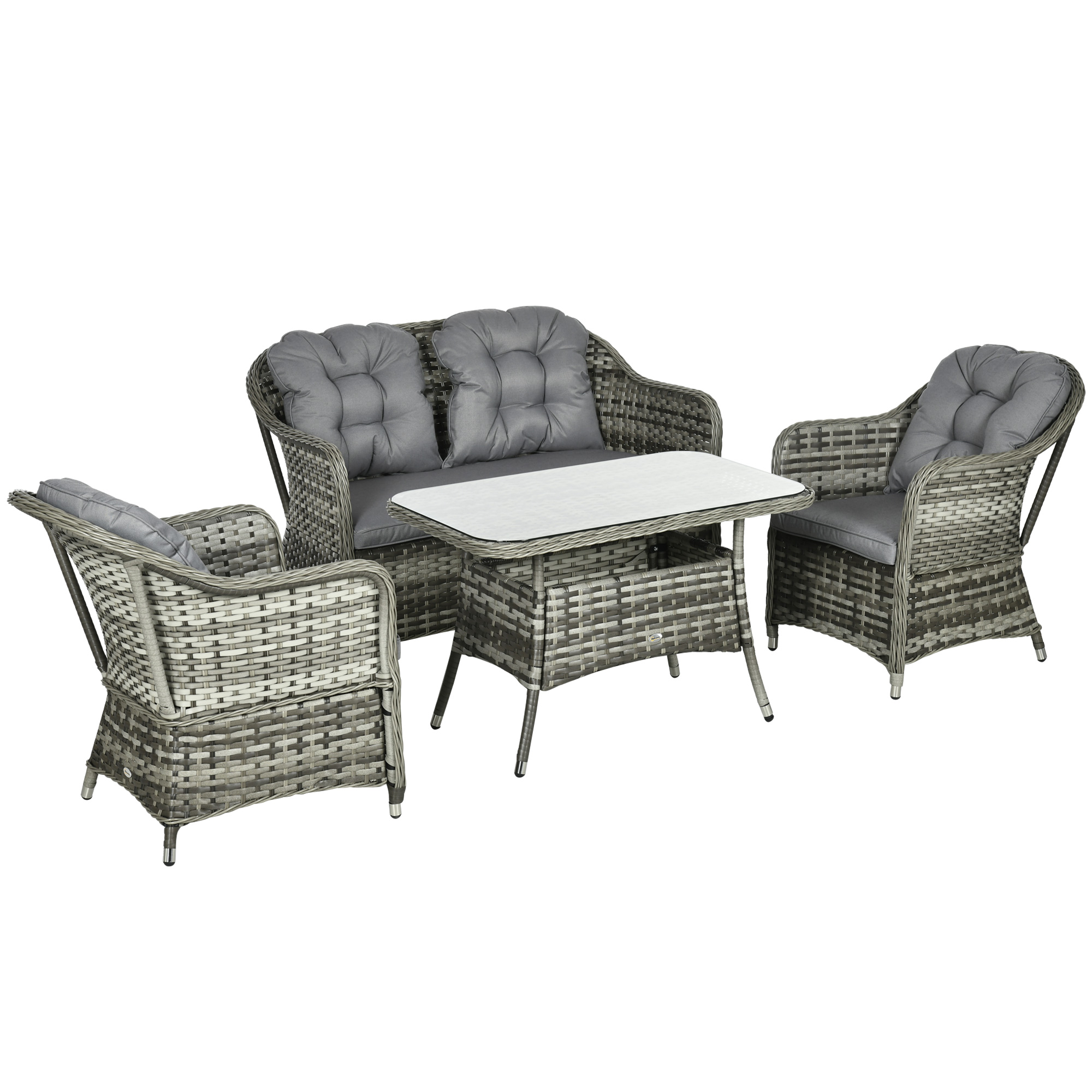 4 Pieces Outdoor PE Rattan Garden Furniture, Patio Round Wicker Woven Conversation Sofa Set w/ Padded Cushions and Tempered Glass Top Table - Life 