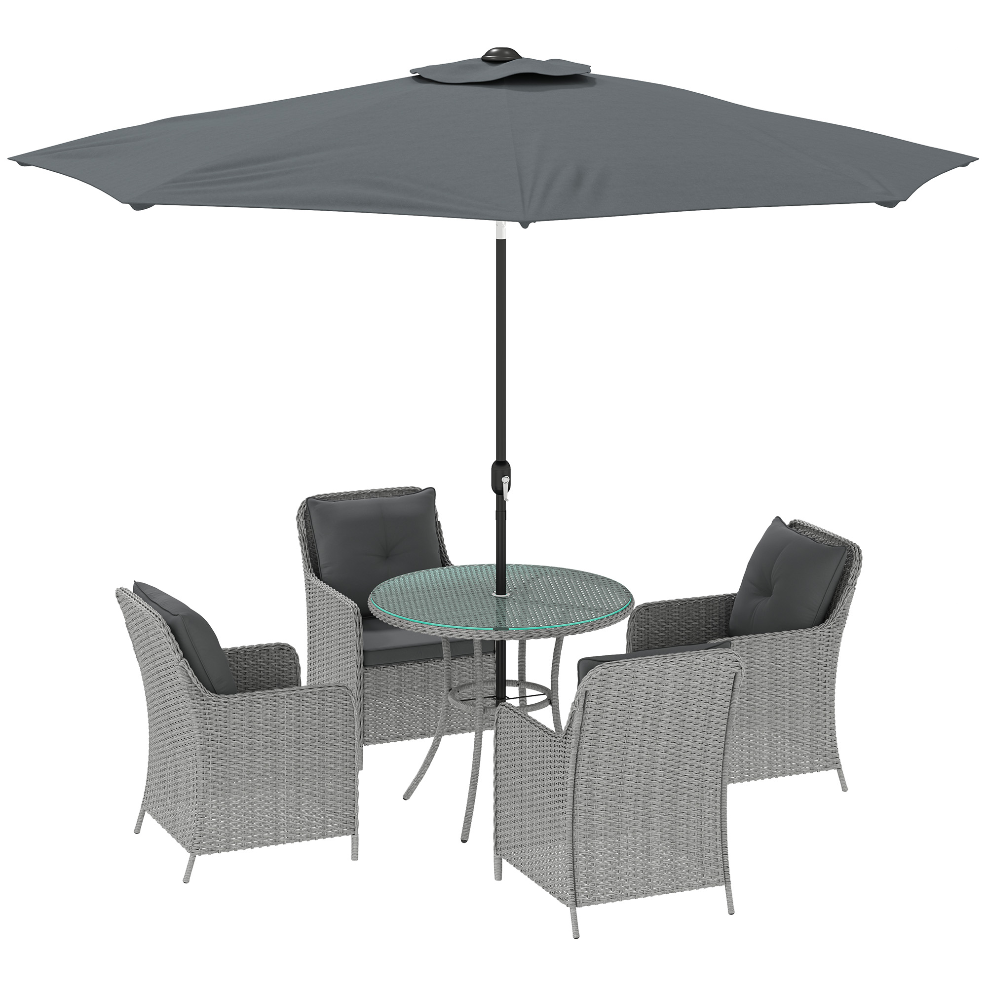 SUNVISTA 4 Seater Rattan Dining Set with Parasol & Cushions - Light Grey - Life Essentials