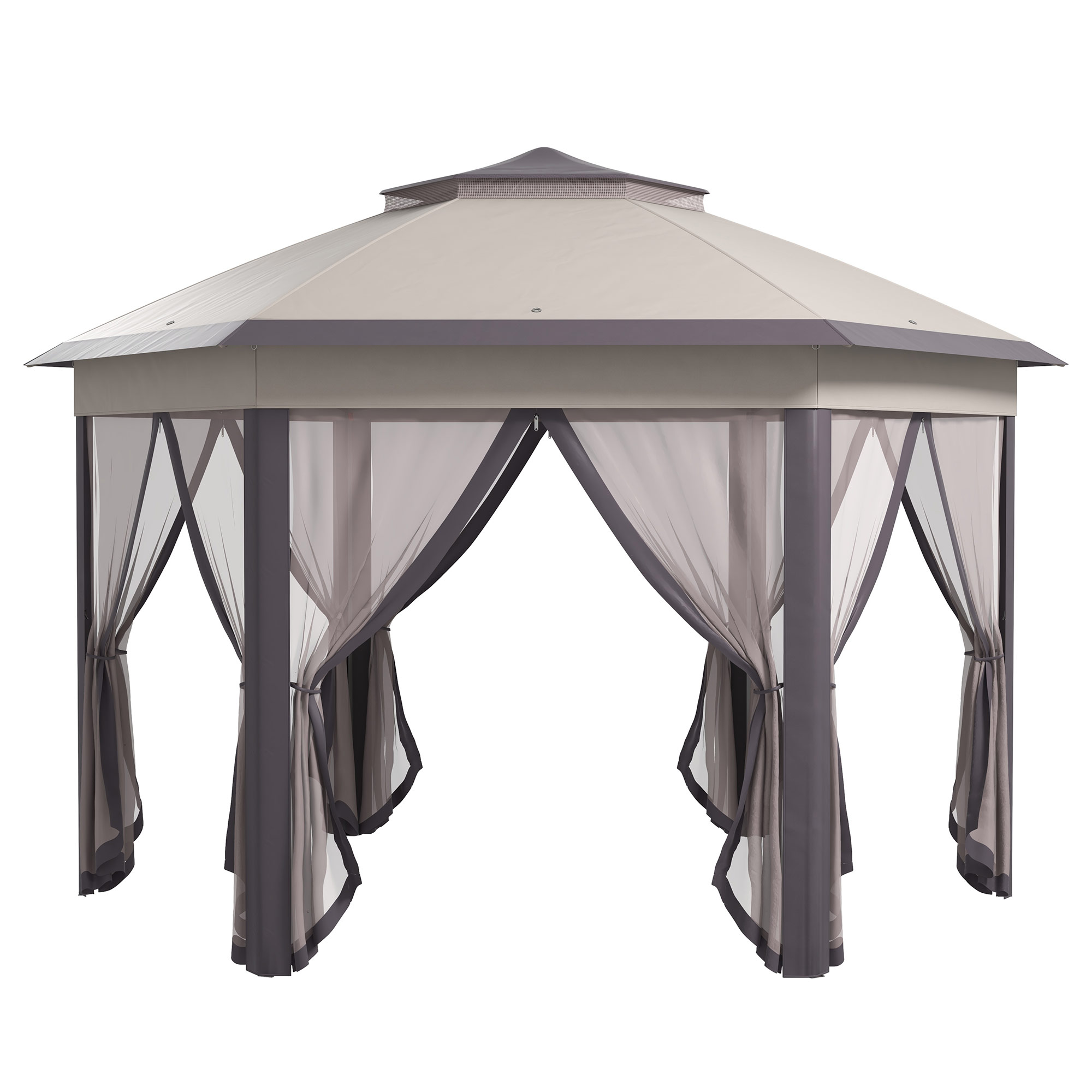 Hexagon Patio Gazebo Pop Up Gazebo Outdoor Double Roof Instant Shelter with Netting, 4m x 4m, Beige - Life Essentials