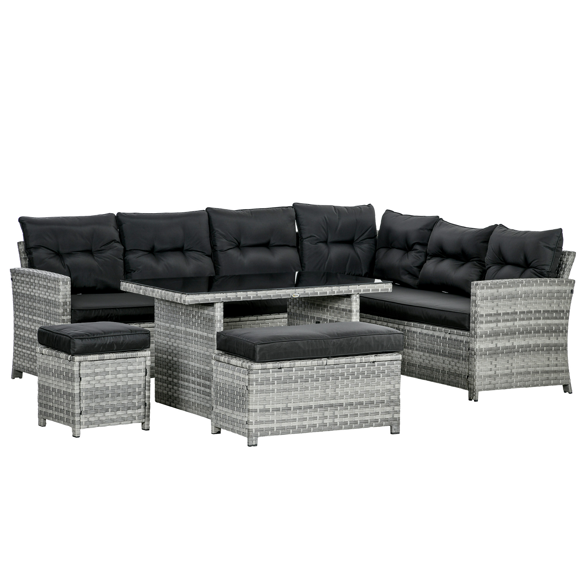 5-Piece Rattan Patio Furniture Set with Corner Sofa, Footstools, Glass Coffee Table, Cushions, Mixed Grey - Life Essentials