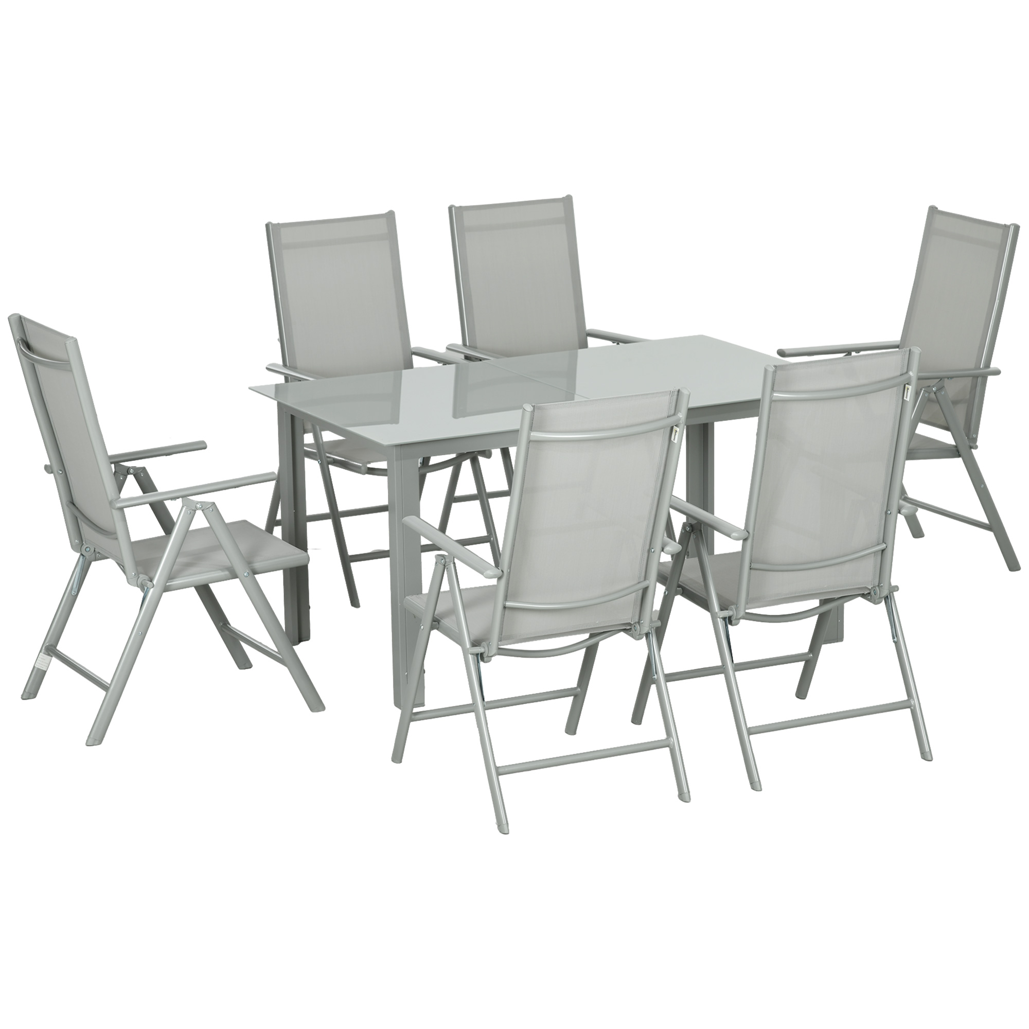 7 Piece Garden Dining Set, Outdoor Table and 6 Folding and Reclining Chairs, Aluminium Frame, Tempered Glass Top Table, Texteline Seats, Grey - Life 