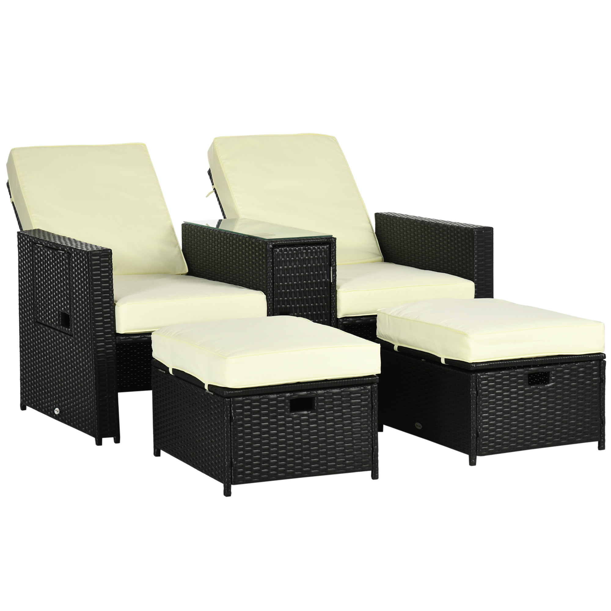 5PC PE Rattan Sun Lounger, Outdoor Wicker 5-level Adjustable Recliner Sofa Bed with Storage Side Table, Footstools, for Patio, Garden, Black - Life 