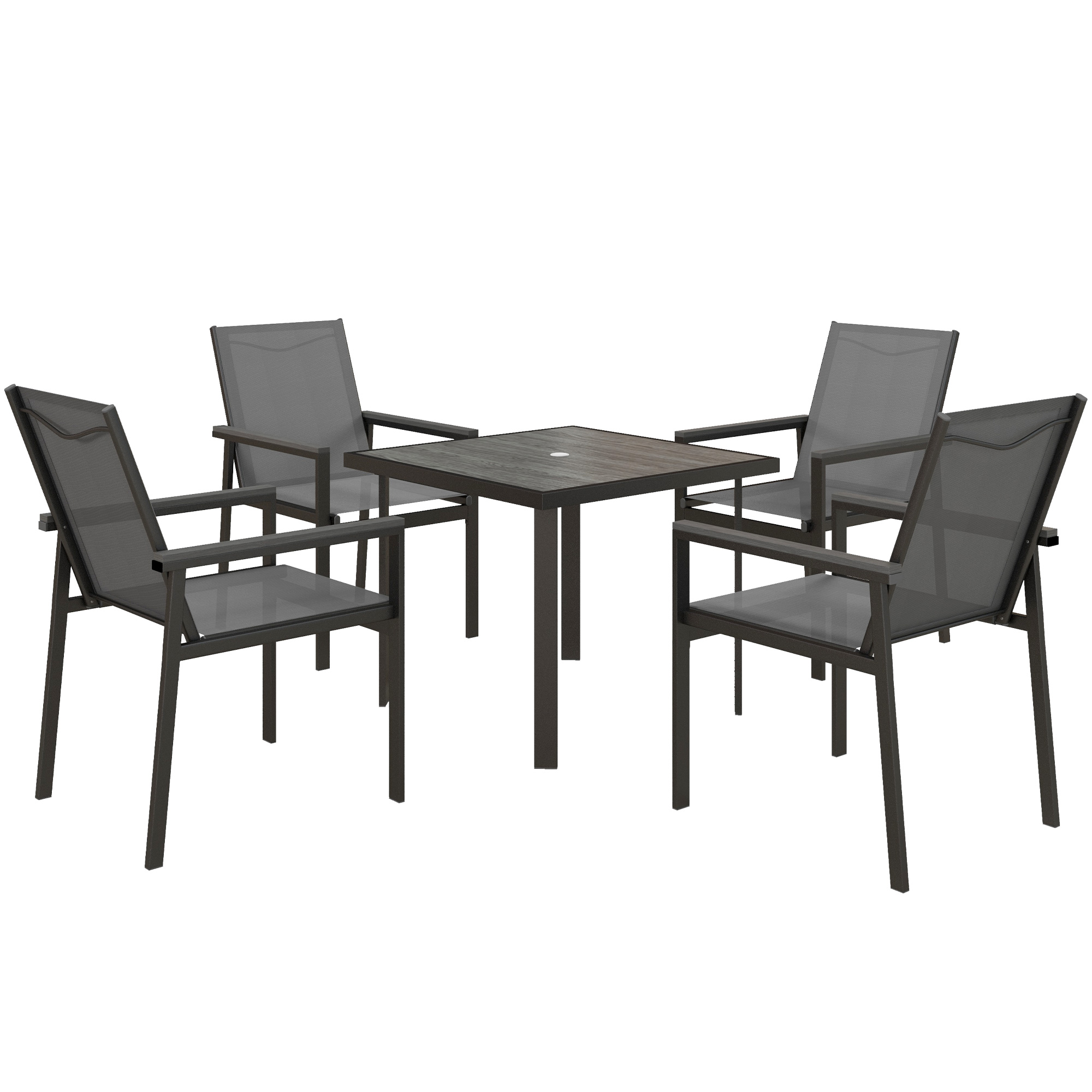5 Pieces Garden Dining Set with Glass Top Dining Table, Outdoor Umbrella Hole Table and 4 Armchairs w/ Breathable Mesh Fabric Seats - Life Essentials