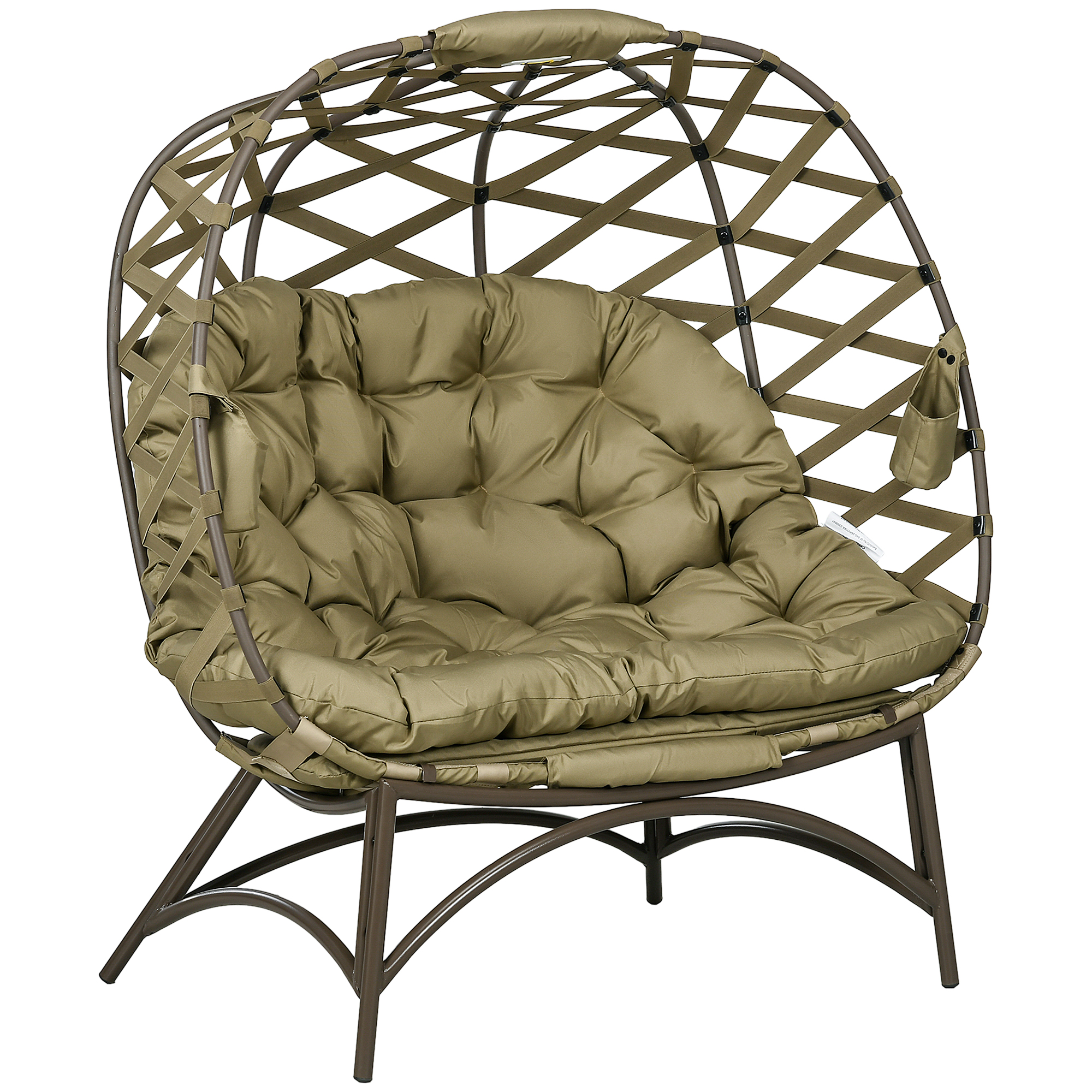 2 Seater Egg Chair Outdoor, Folding Weave Garden Furniture Chair with Cushion, Cup Pockets - Khaki - Life Essentials