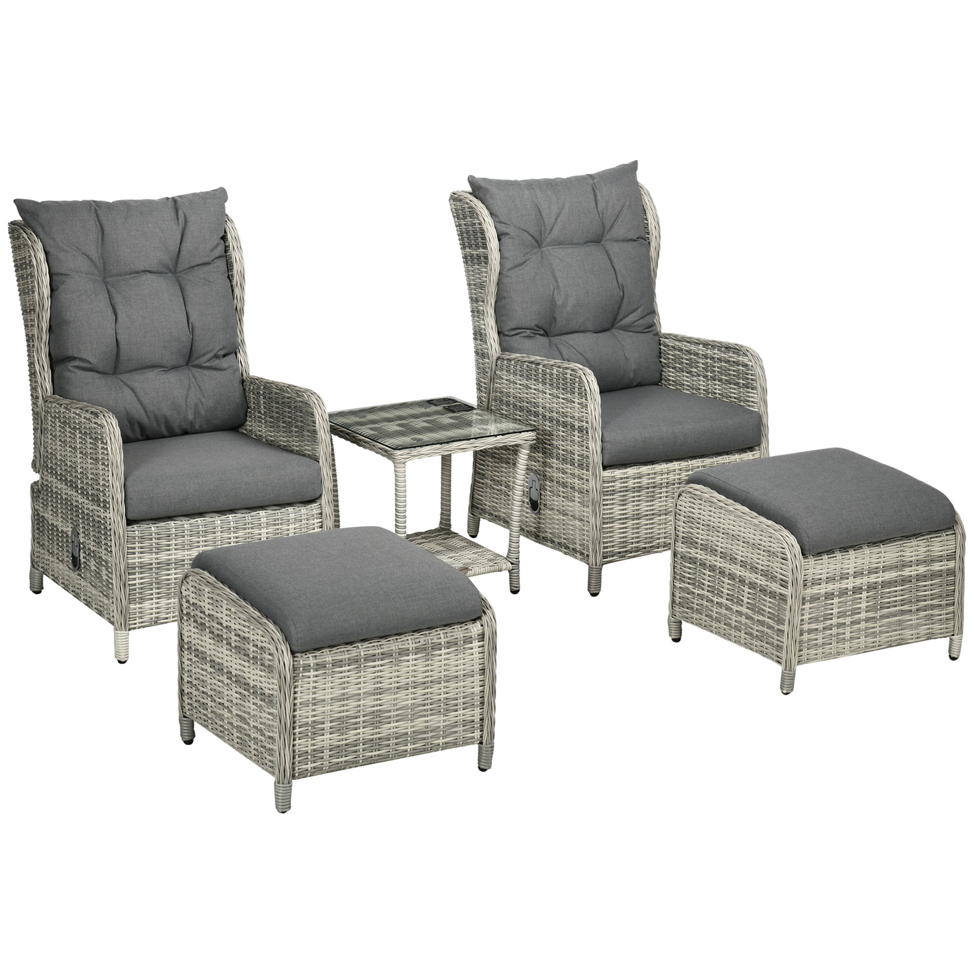 5 Pieces PE Rattan Sun Lounger Set, Outdoor Half-round Wicker Recliner Sofabed with Glass Top Two-tier Table and Footstools, Mixed Grey - Life 