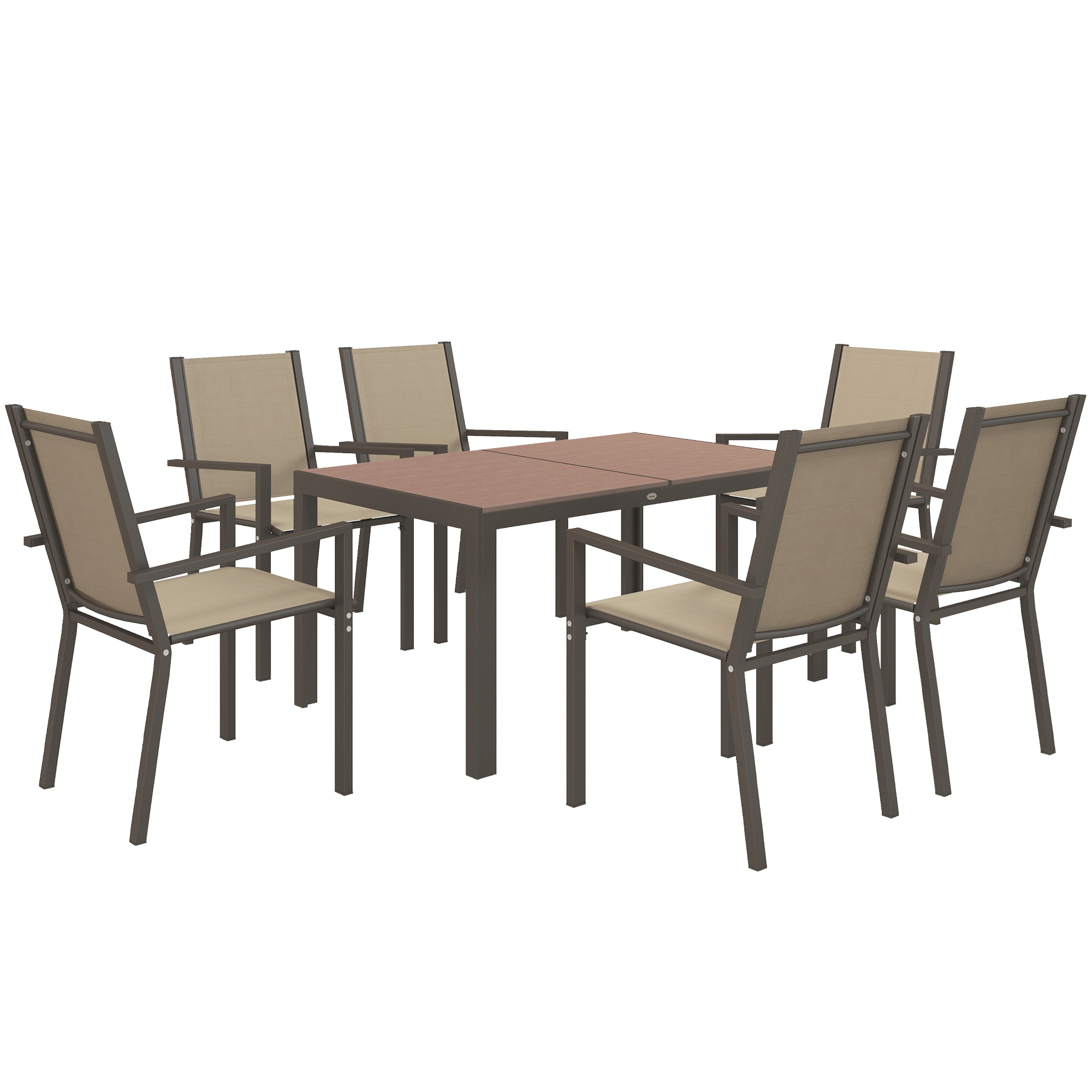 7 Pieces Garden Dining Set with Wood-plastic Composite Dining Table, Outdoor Table and 6 Stackable Armchairs with Texteline Seats and Backrest, Khaki 