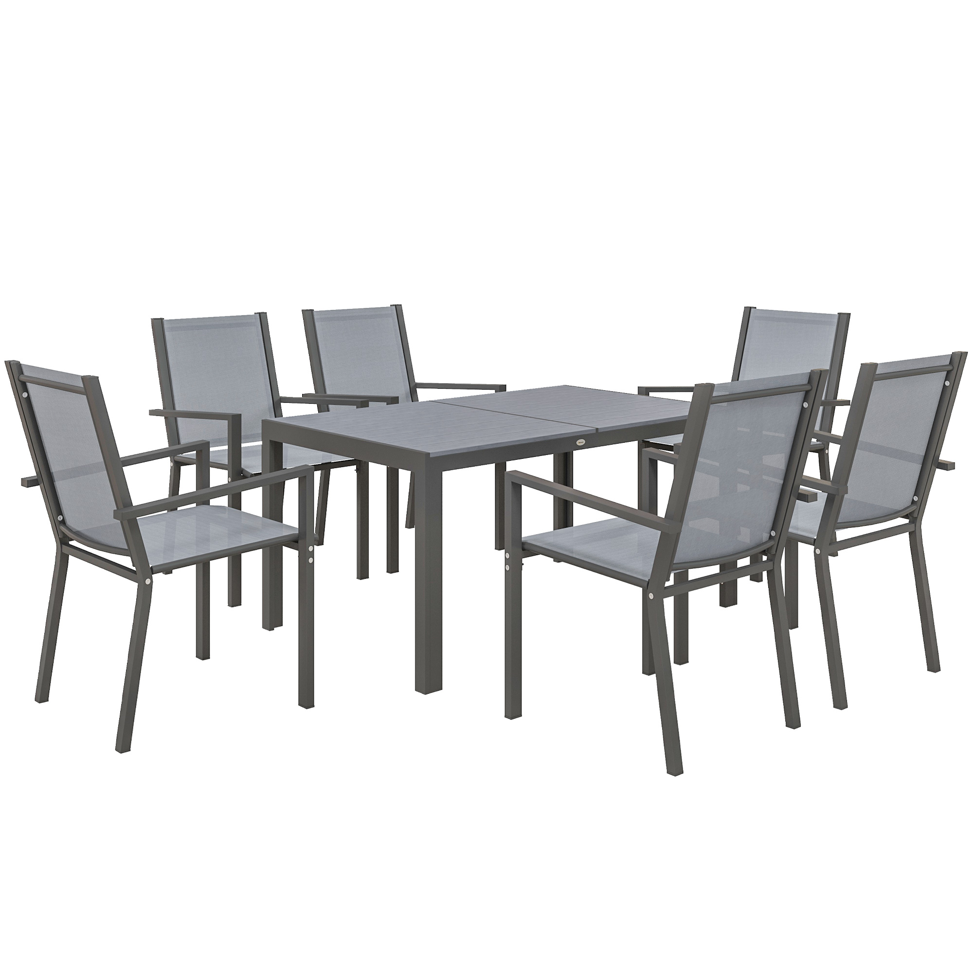 7 Pieces Garden Dining Set with Wood-plastic Composite Dining Table, and 6 Stackable Armchairs with Breathable Mesh Fabric - Life Essentials