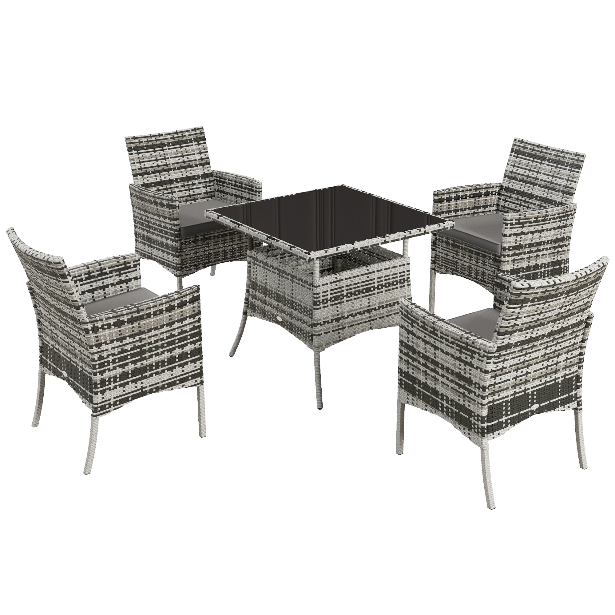 Outdoor Dining Set 5 Pieces Patio Conservatory with Tempered Glass Tabletop, 4 Dining Armchairs - Grey - Life Essentials