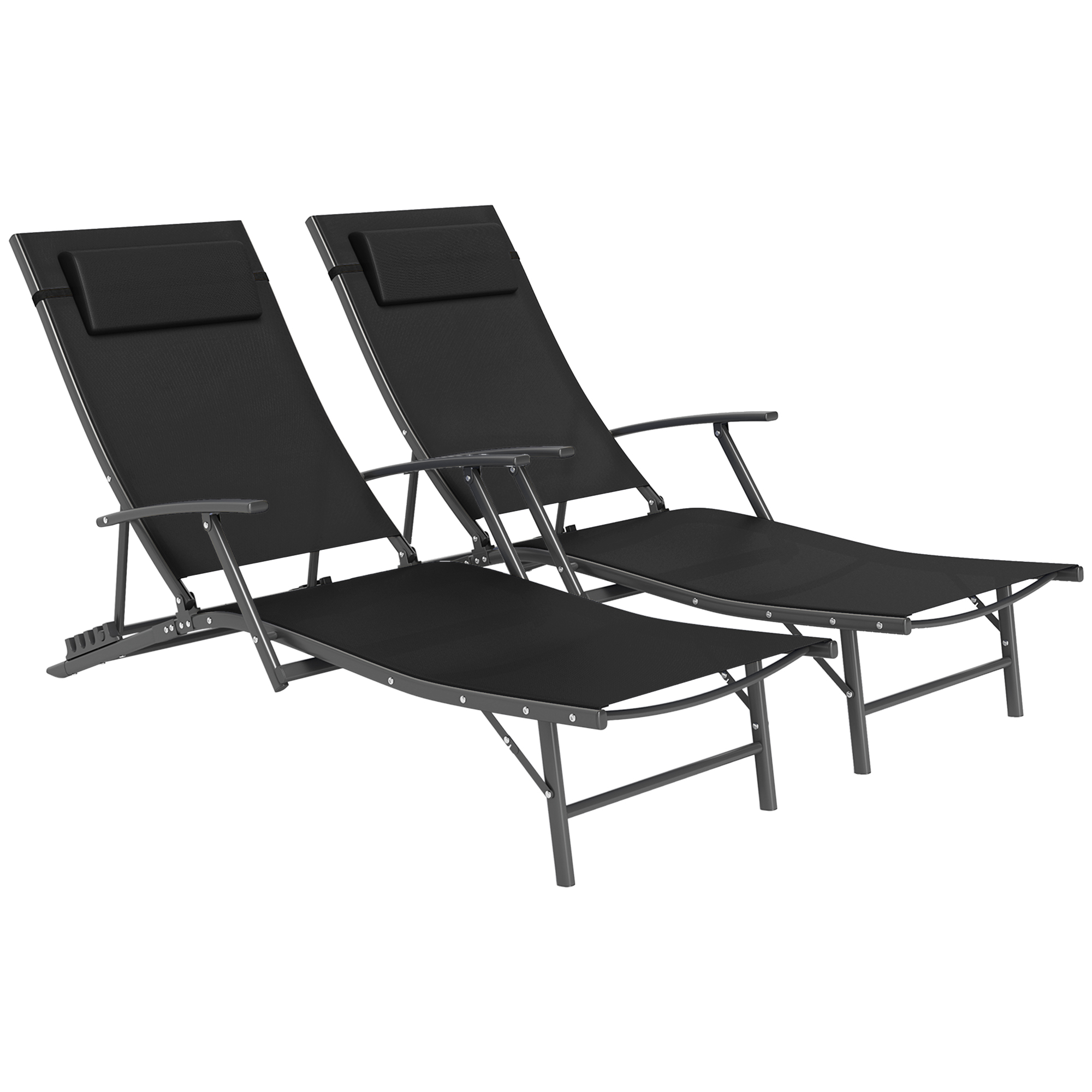 SUNVISTA Set of 2 Folding Sun Loungers for Garden, 4 Positions Adjustable Outdoor Chaise Lounge Chairs with Armrests, Pillows, Steel Frame, Black - 
