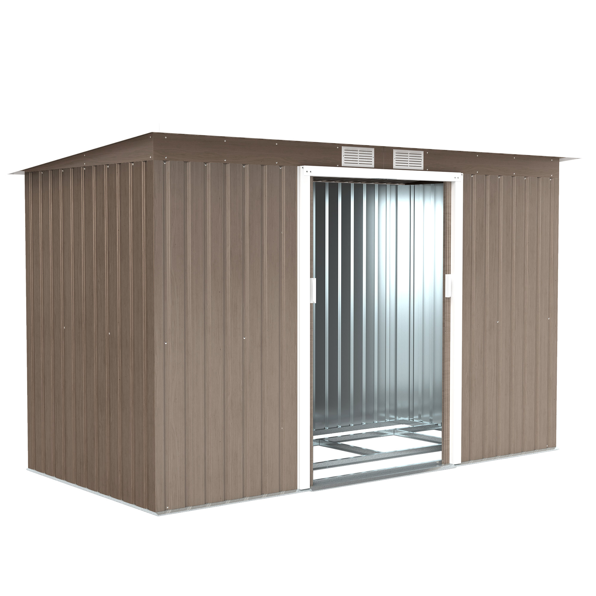 SUNVISTA 9ft x 4ft Metal Garden Shed, Outdoor Tool House with Foundation Kit, Ventilations and Double Doors, Light Grey Wood Grain - Life Essentials