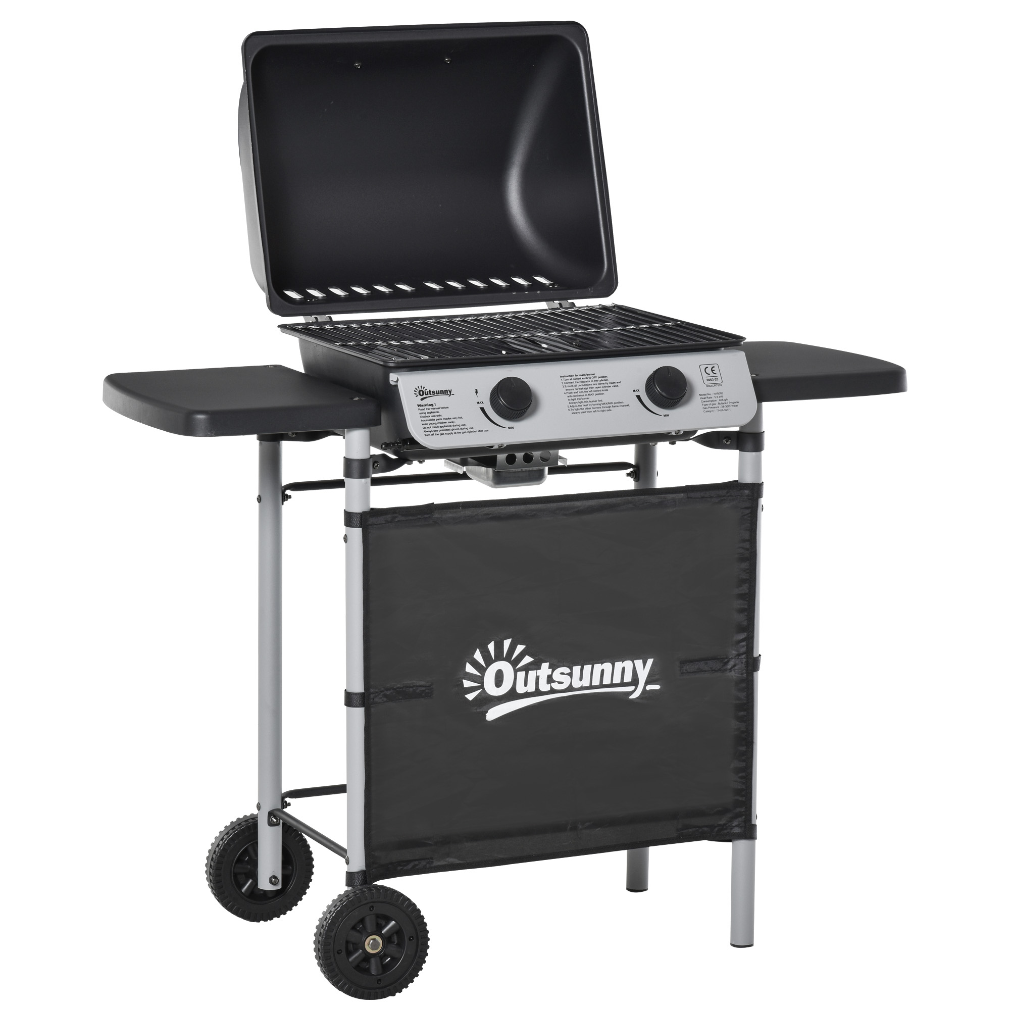 2 Burner Gas Barbecue Grill Propane Gas Cooking BBQ Grill 5.6 kW with Side Shelves Wheels - Life Essentials