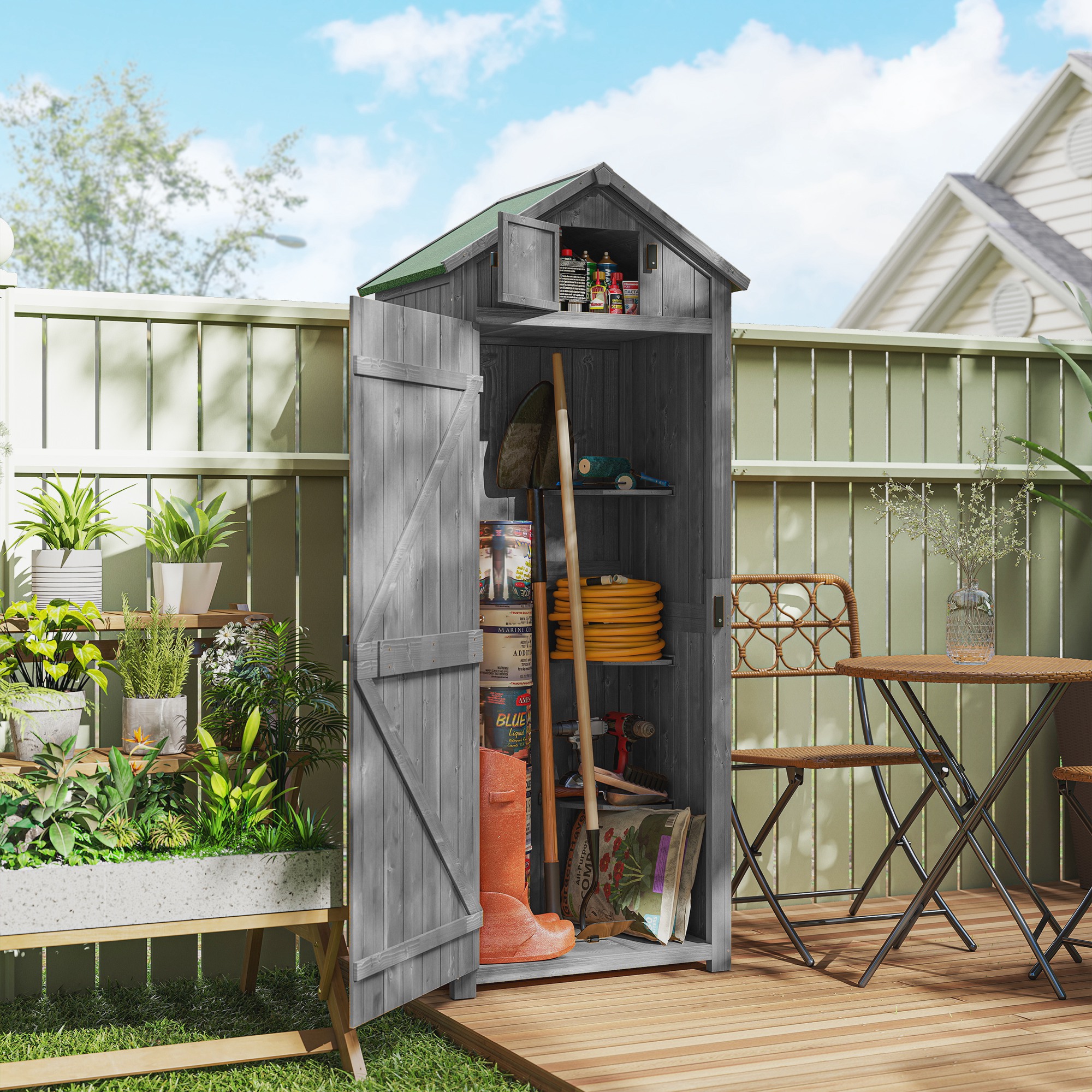 Garden Shed Vertical Utility 3 Shelves Shed Wood Outdoor Garden Tool Storage Unit Storage Cabinet, 77 x 54.2 x 179cm - Grey - Life Essentials