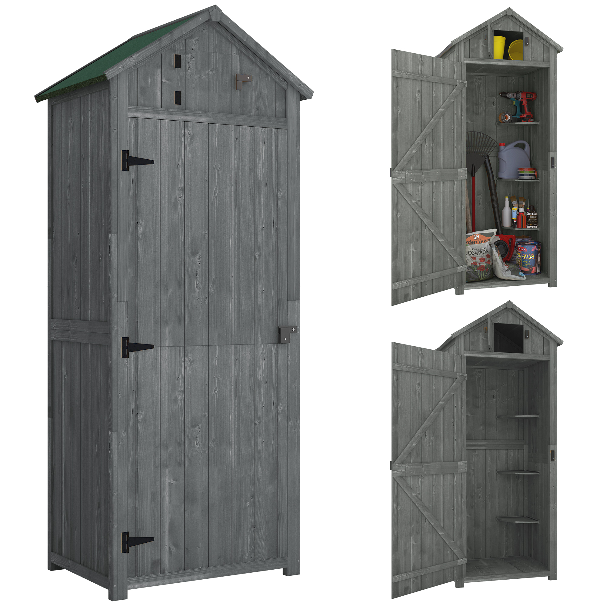 Garden Shed Vertical Utility 3 Shelves Shed Wood Outdoor Garden Tool Storage Unit Storage Cabinet, 77 x 54.2 x 179cm - Grey - Life Essentials