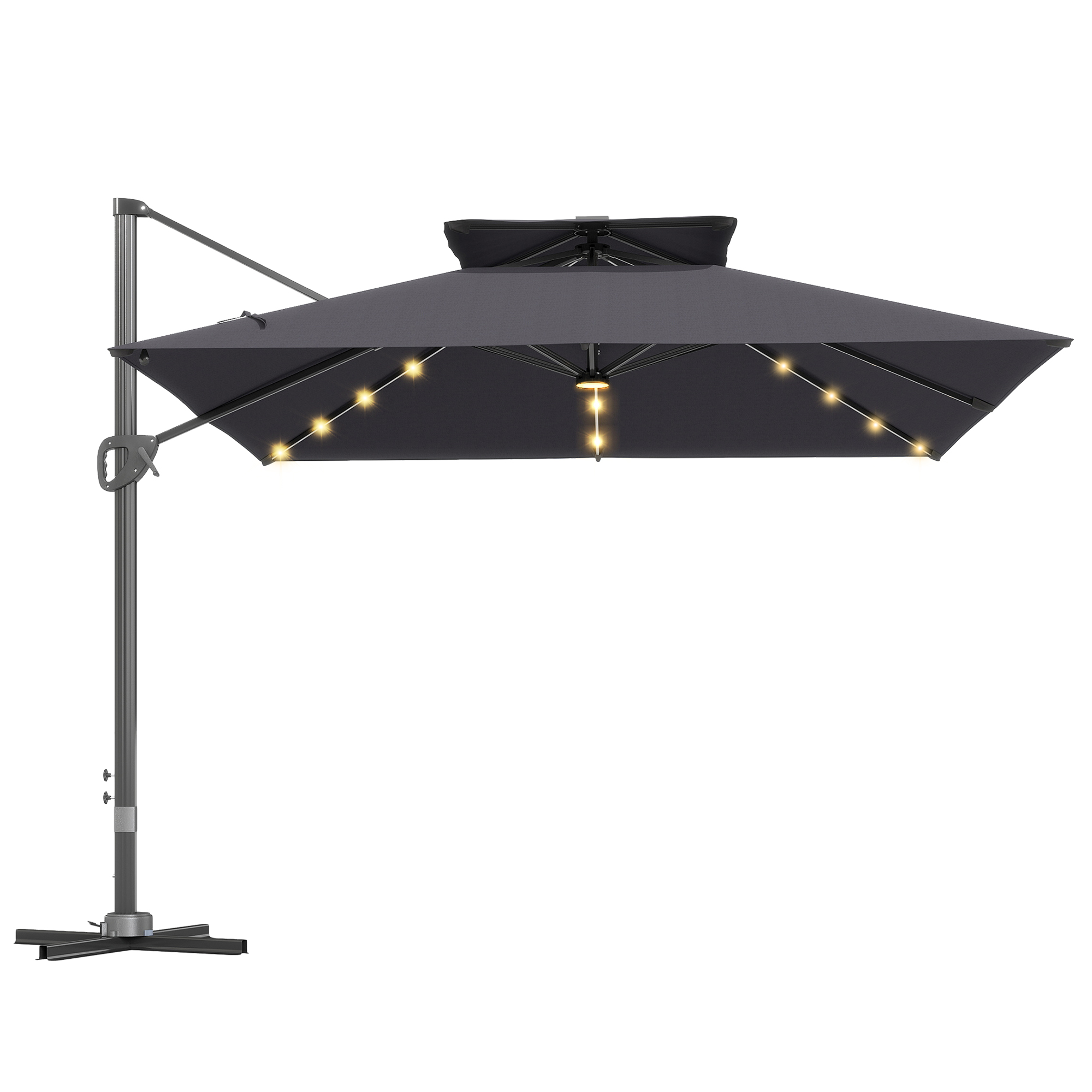 SUNVISTA 3.5x3m LED Cantilever Parasol with Centre Light, UPF50+ Patio Umbrella with Tilt & Cross Base, Grey - Life Essentials