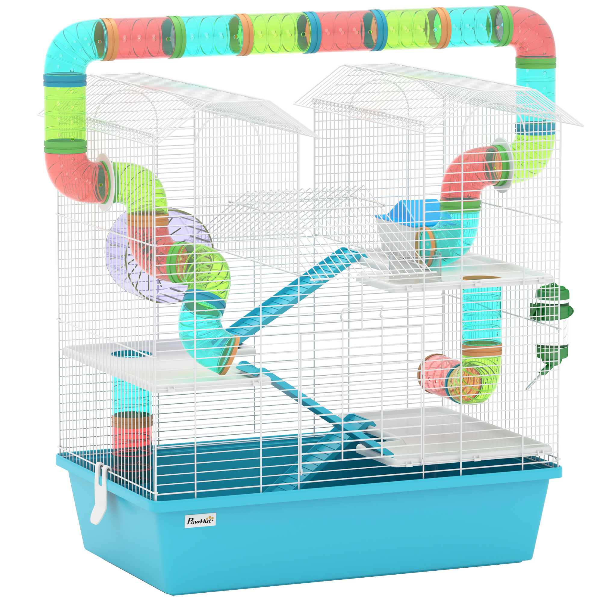PAWSTER 4 Tier Hamster Cage w/ Tubes, Exercise Wheel, Hut, Water Bottle, Food Dish, Ramps, for Drawf, 58 x 36 x 65cm, Light Blue - Life Essentials