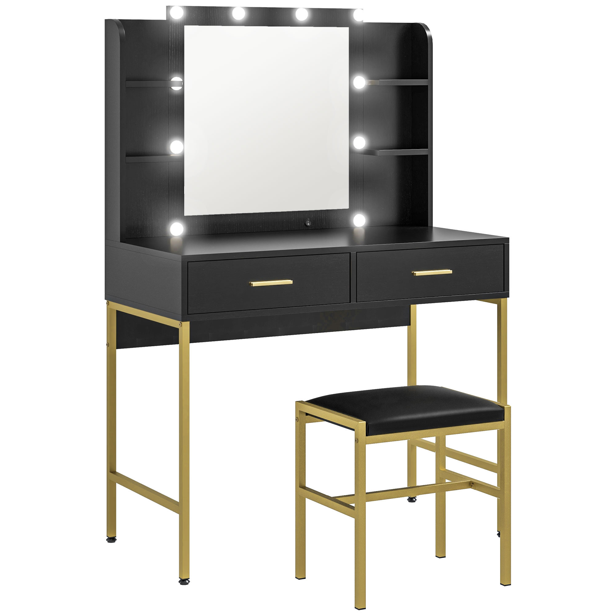 Scott Dressing Table with Lighted Mirror and Cushioned Stool - Black - Life Essentials