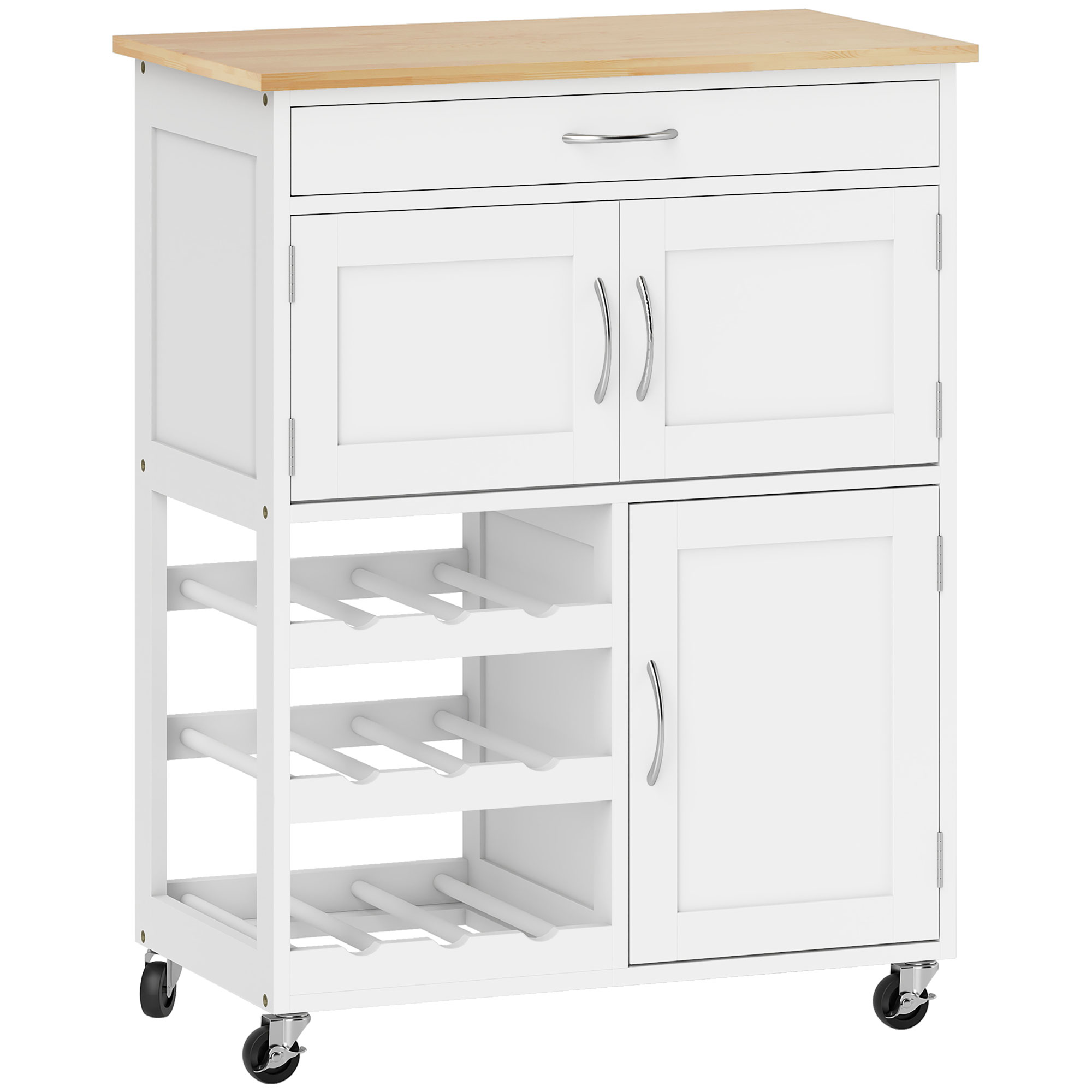 Modern Kitchen Trolley, Rolling Island Storage Cart with Drawer, 9-bottle Wine Rack, Door Cabinets, Wooden Countertop, White - Life Essentials