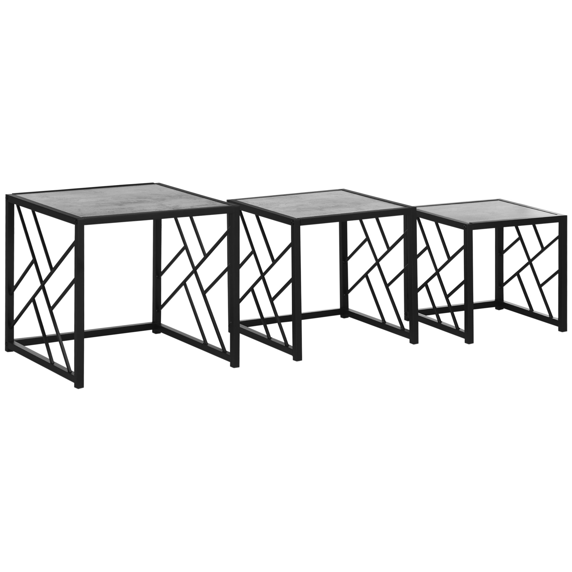 Set of 3 Nest of Tables, Square Side Tables with Black Metal Frame, for Living Room, Bedroom and Office, Grey - Life Essentials