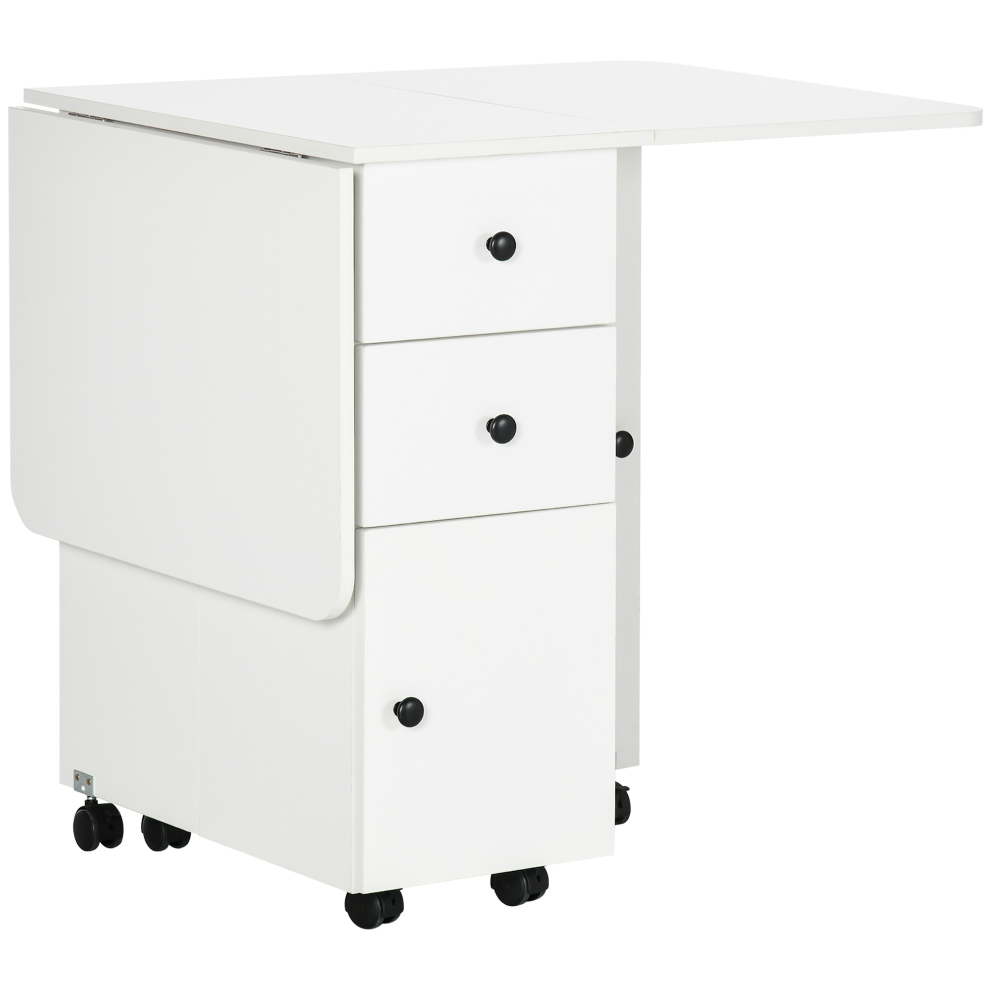 Folding Dining Table for 4-6, Rolling Drop Leaf Table with Storage Drawers, Cabinet and Open Shelf, Extendable Kitchen Table on Wheels, White - Life 