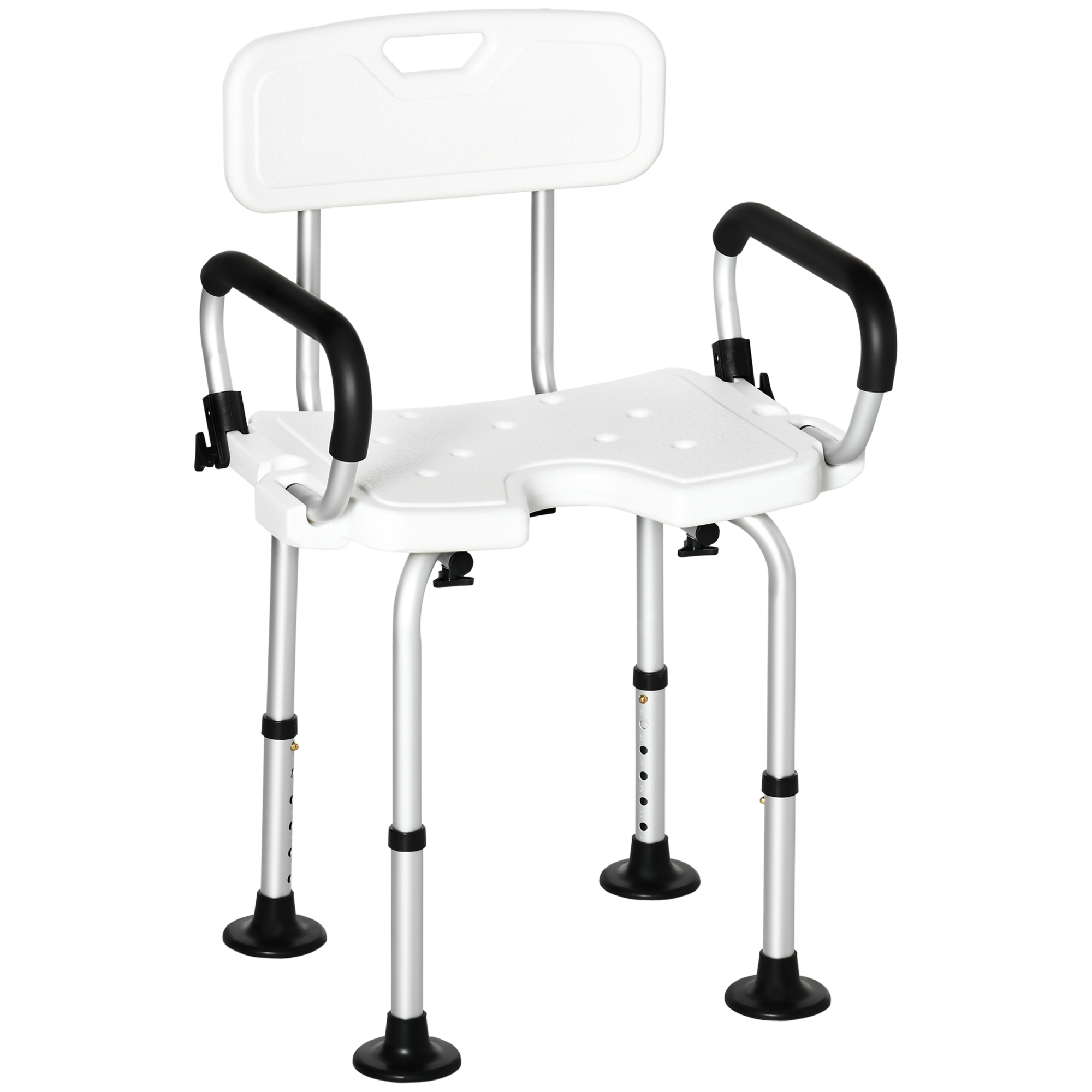 Versatile Shower Chair, Height Adjustable Shower Stool with Back and Flipped Padded Arms, Suction Foot Pads, White - Life Essentials