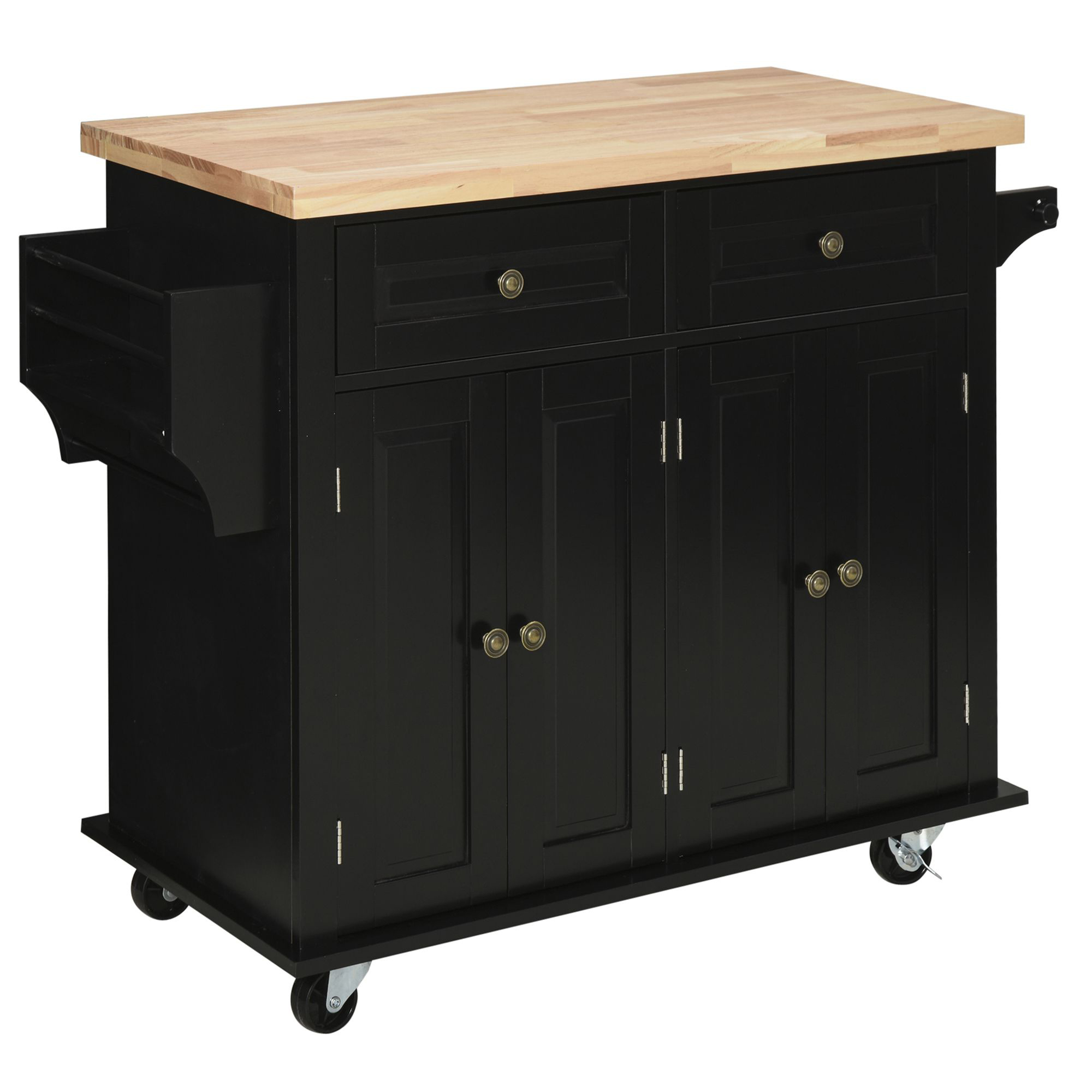HERON Rolling Kitchen Island Storage Trolley with Rubber Wood Top & Drawers for Dining Room, Black - Life Essentials