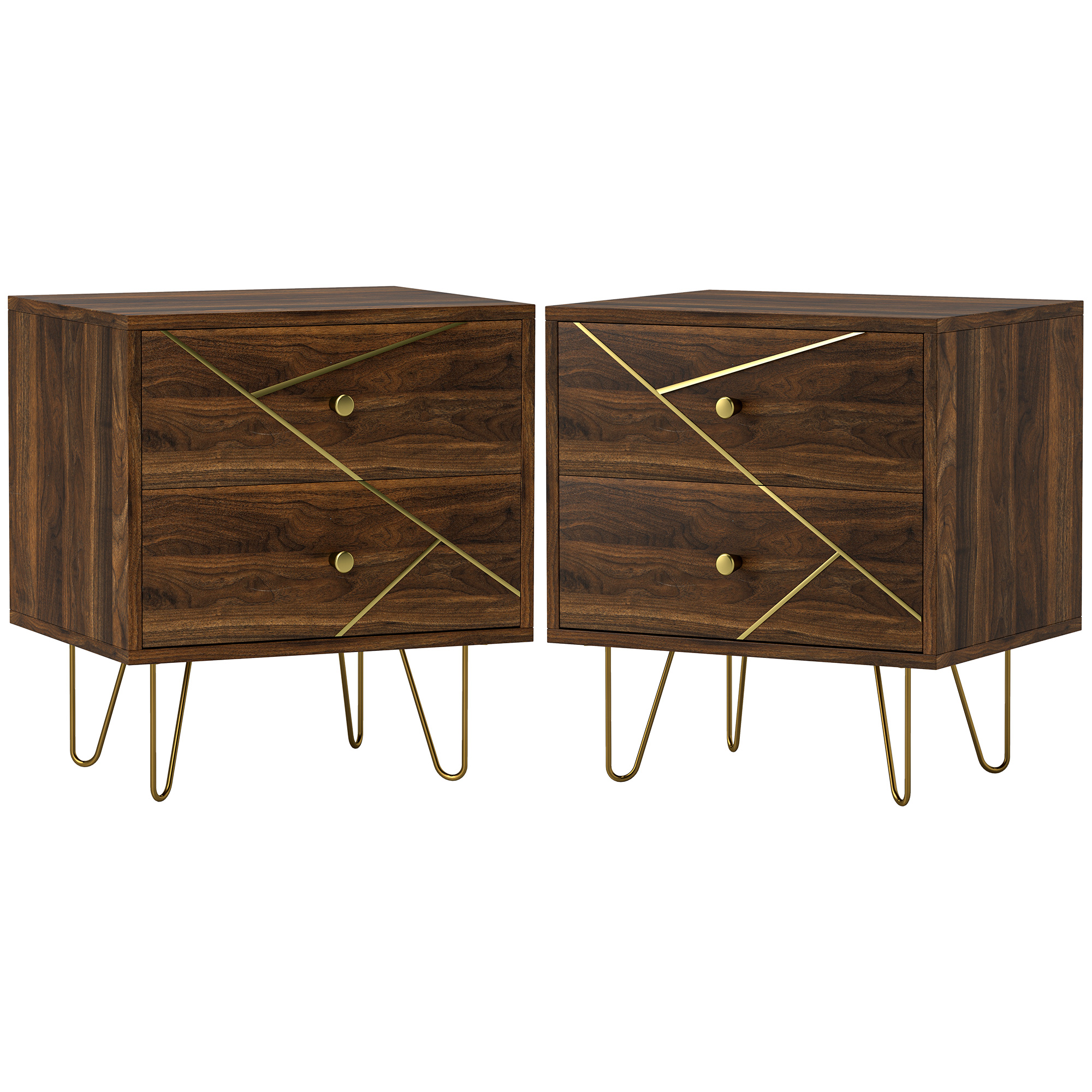 HERON Bedside Tables Set of 2, Modern Side Table Set with 2 Drawers and Steel Hairpin Legs, Nightstand for Bedroom, Brown Wood Grain - Life Essentials