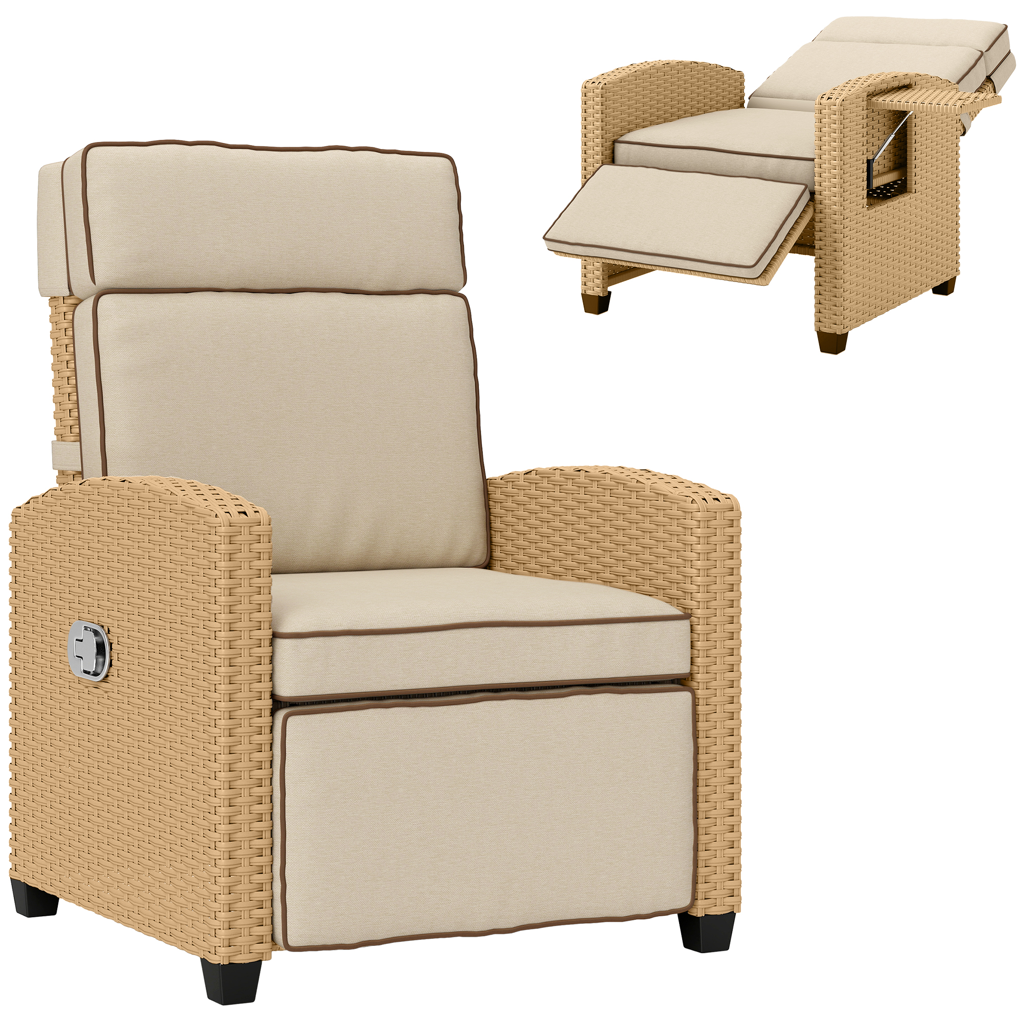 SUNVISTA 145degree Reclining Rattan Armchair, with Footrest - Khaki/Beige - Life Essentials