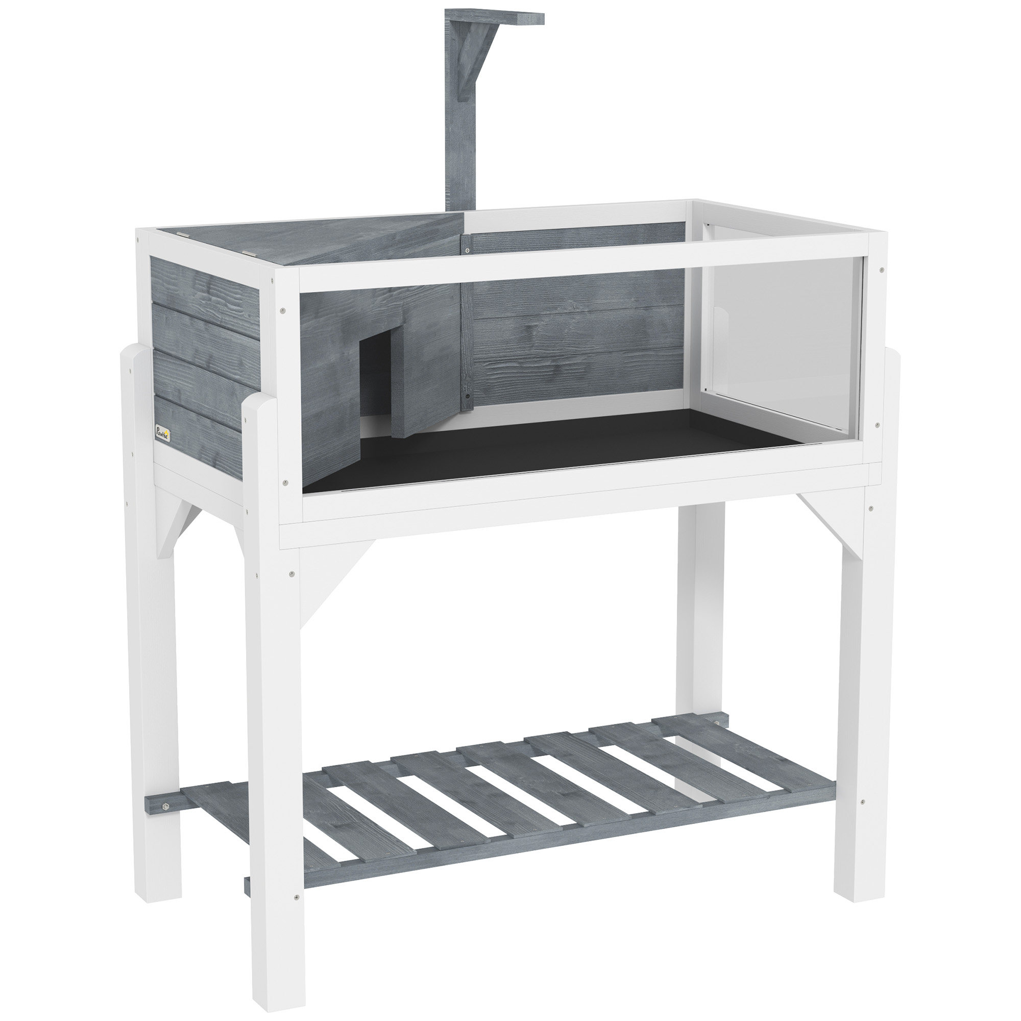 PAWSTER Wooden Tortoise House with Storage Shelf, Clear Observation Windows, Lamp Holder, Openable Top, Built-in Tray, Grey - Life Essentials
