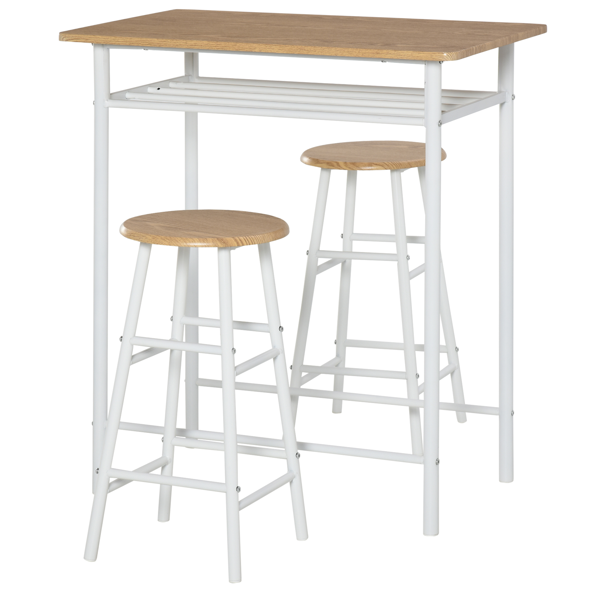 Bar Table Set, Bar Set-1 Bar Table and 2 Stools with Metal Frame Footrest and Storage Shelf for Kitchen, Dining Room, Pub, Cafe, White and Oak - Life 