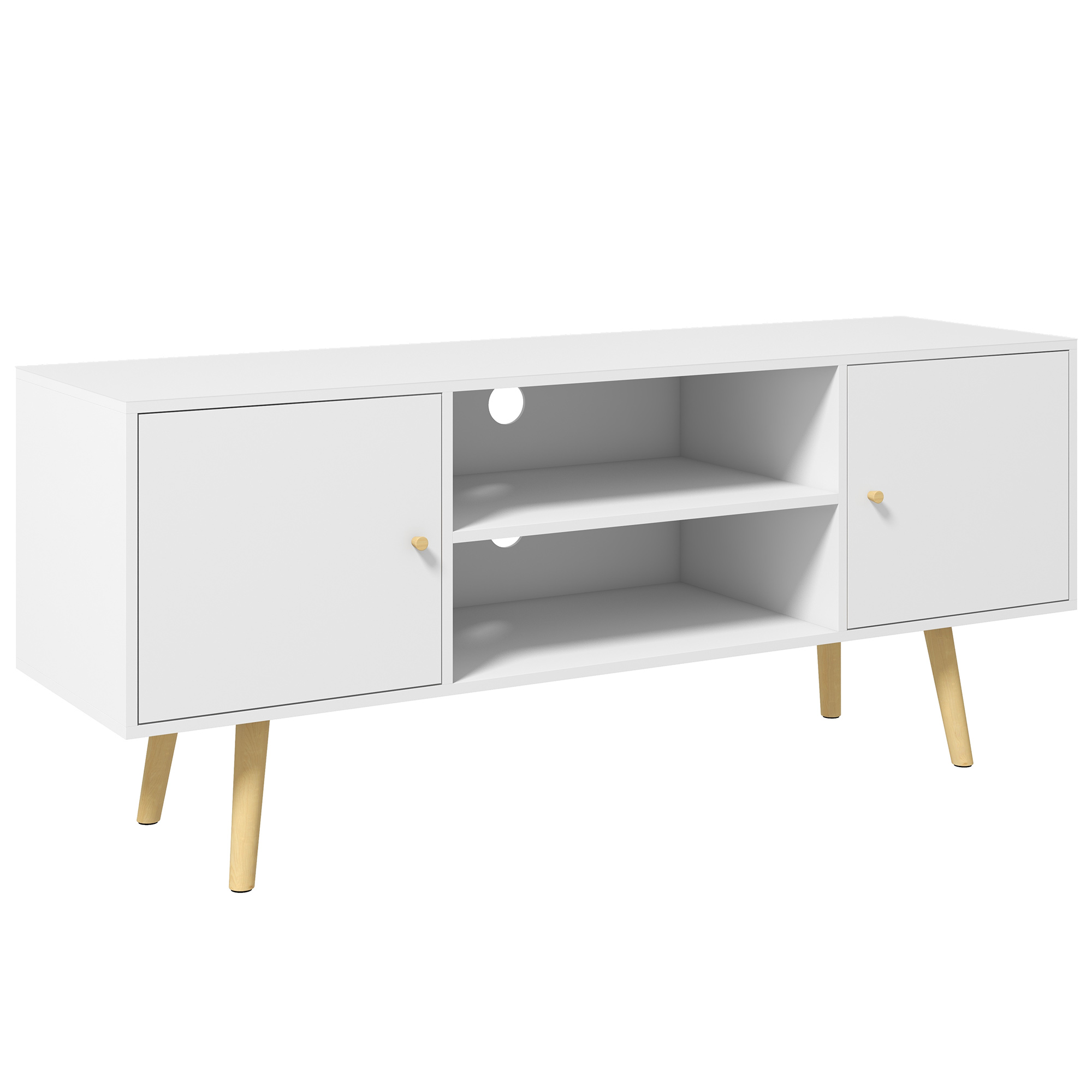 TV Unit Cabinet for TVs up to 55 Inches, TV Stand with Storage Shelves and Wood Legs for Living Room, White - Life Essentials