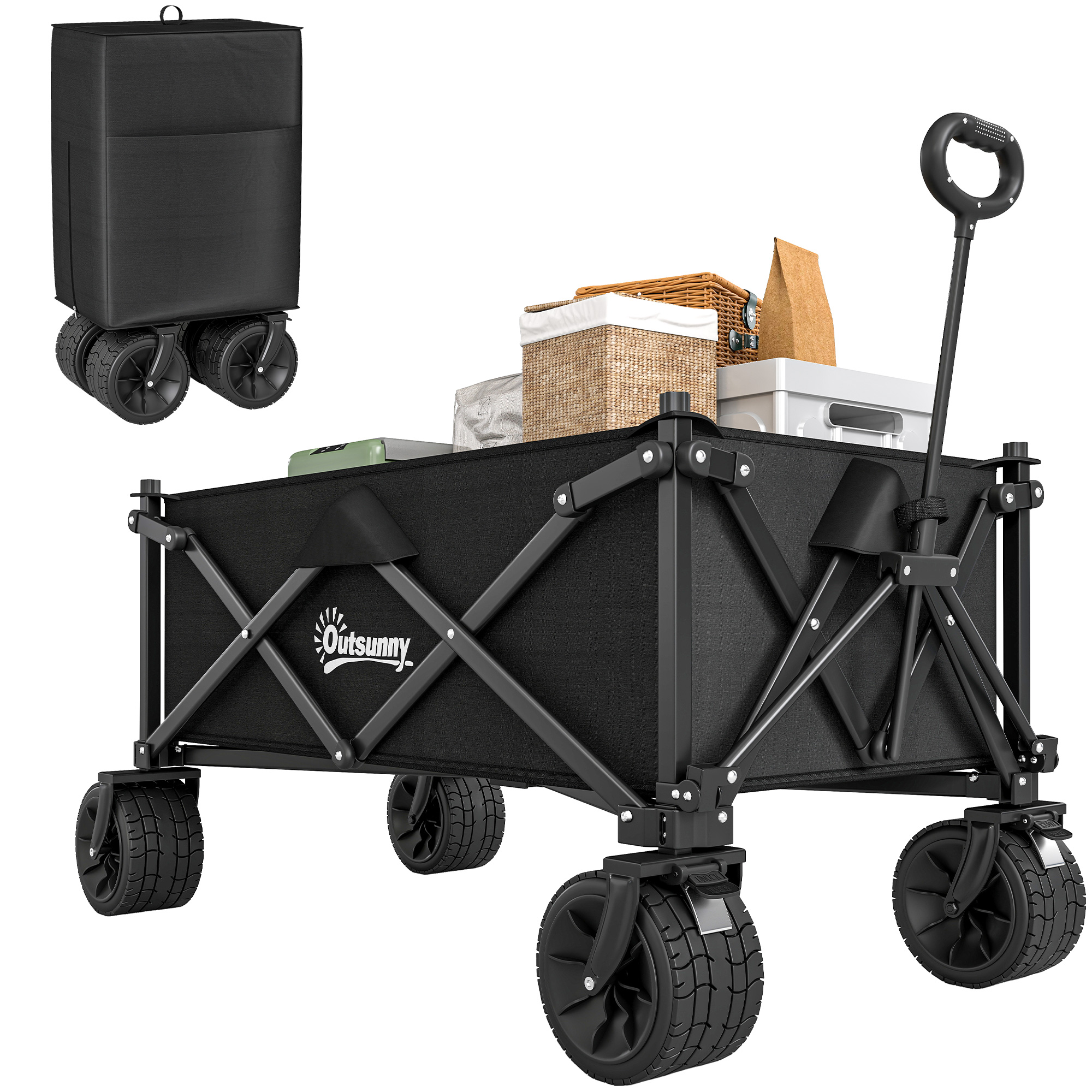 Folding Garden Trolley, Outdoor Wagon Cart with Carry Bag, for Beach, Camping, Festival, 120KG Capacity, Black - Life Essentials