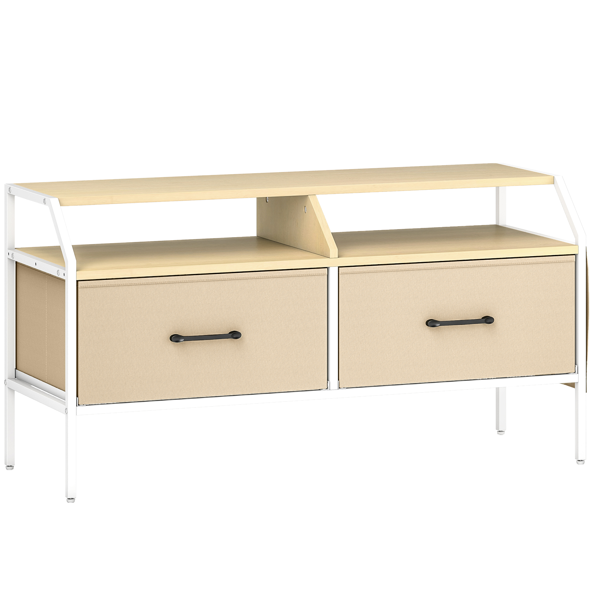 HERON TV Stand Cabinet for 55 inch TVs 2 Foldable Fabric Drawers Console Table - Natural Wood - Life Essentials