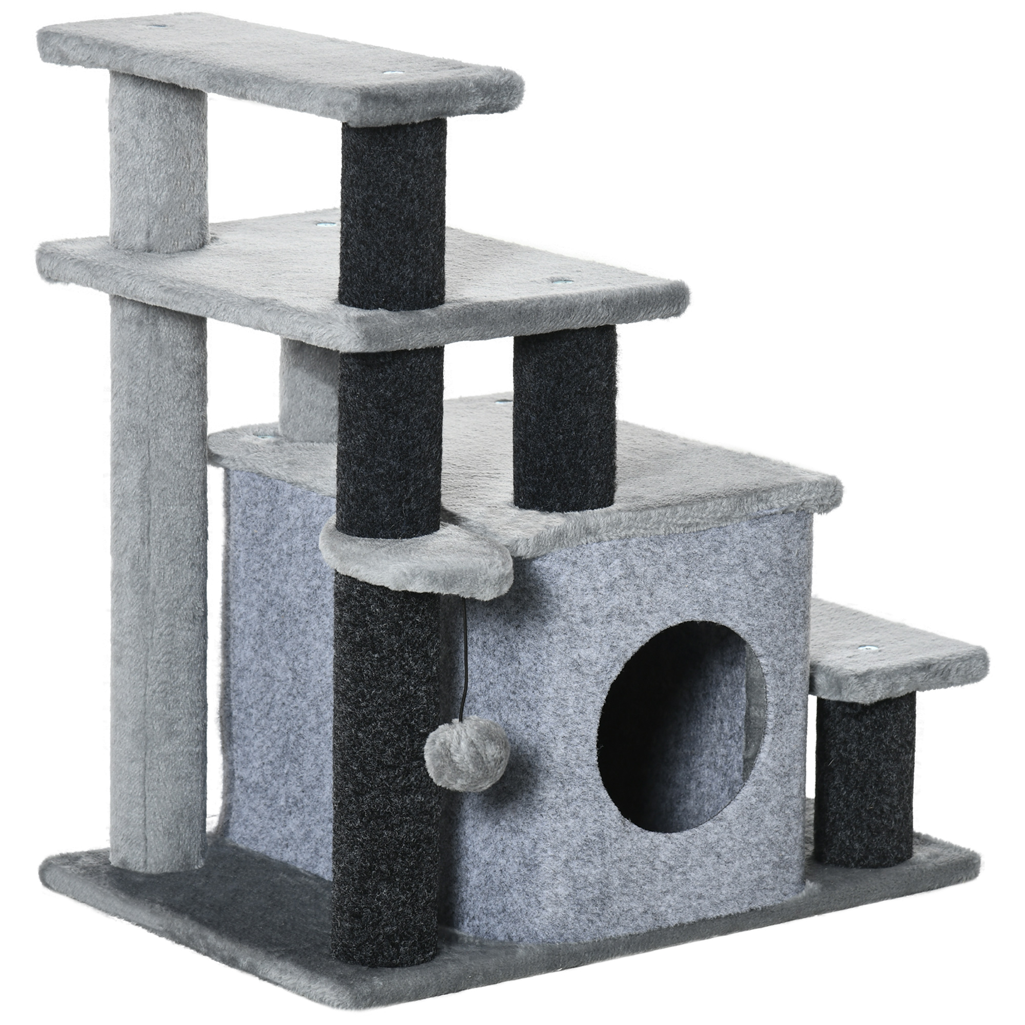 Adjustable Height Cat Stairs for Bed, Cat House with Detachable Cover, Pet Steps for Sofa, 3-Step/ 4-Step w/ Hanging Ball 60 x 40 x 66 cm Grey - Life 