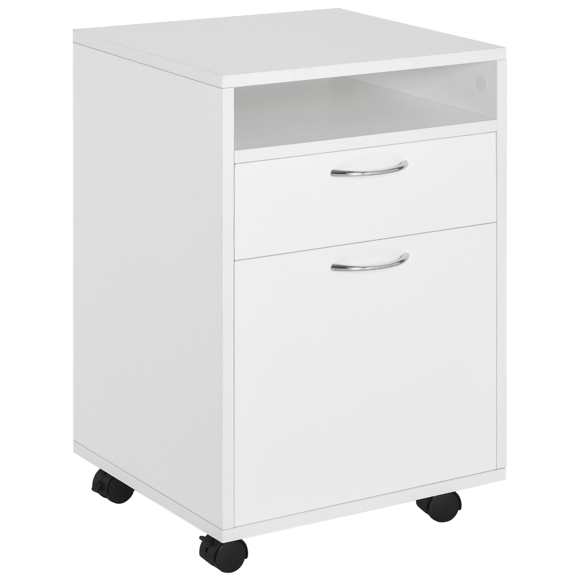 60cm Storage Cabinet w/ Drawer Open Shelf Metal Handles 4 Wheels Office Home Organiser Mobile Printer White - Life Essentials